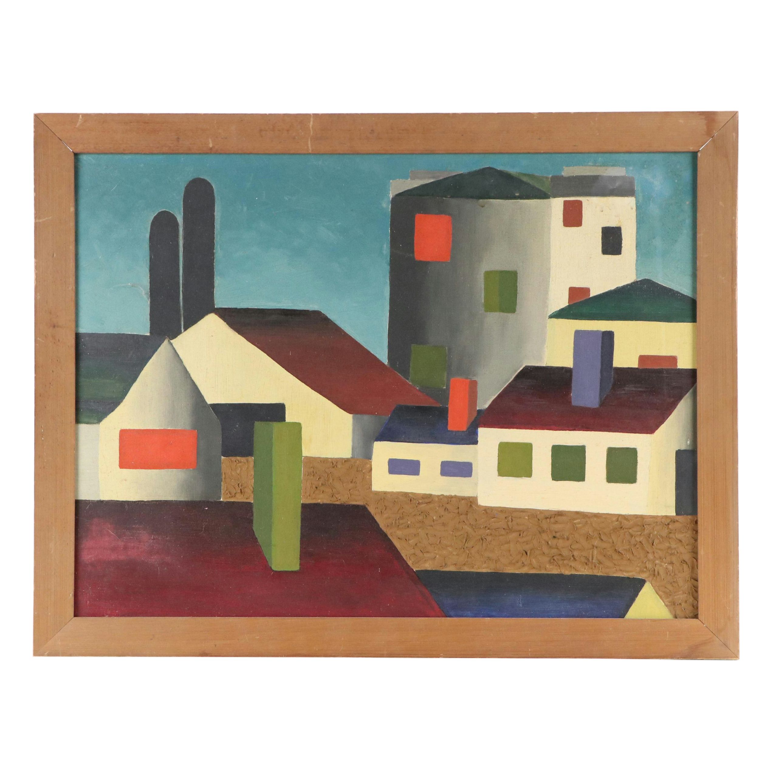 American School Oil Painting of Cubistic Town, Circa 1950