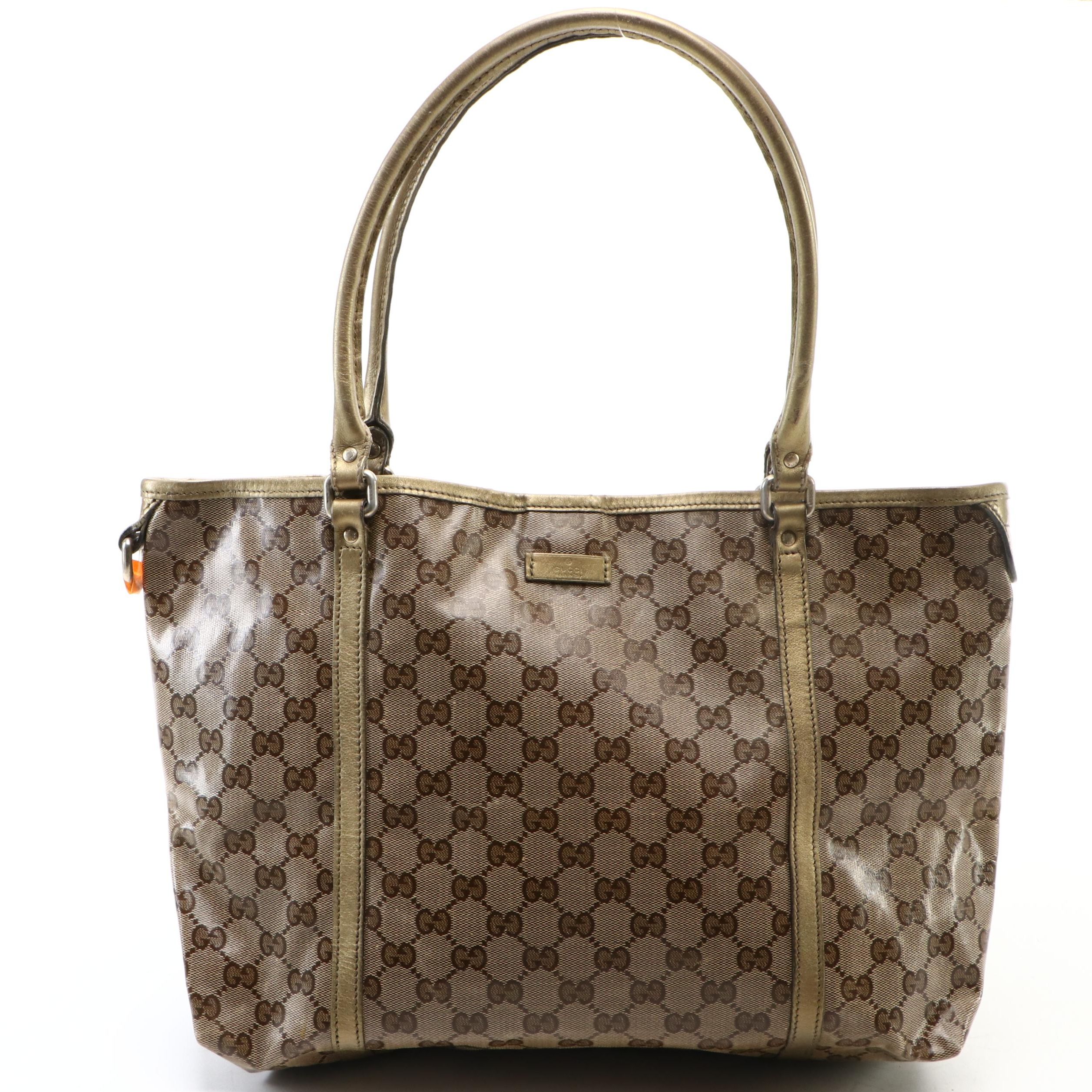 Gucci Medium Joy Tote Bag in GG Crystal Canvas and Metallic Leather Trim