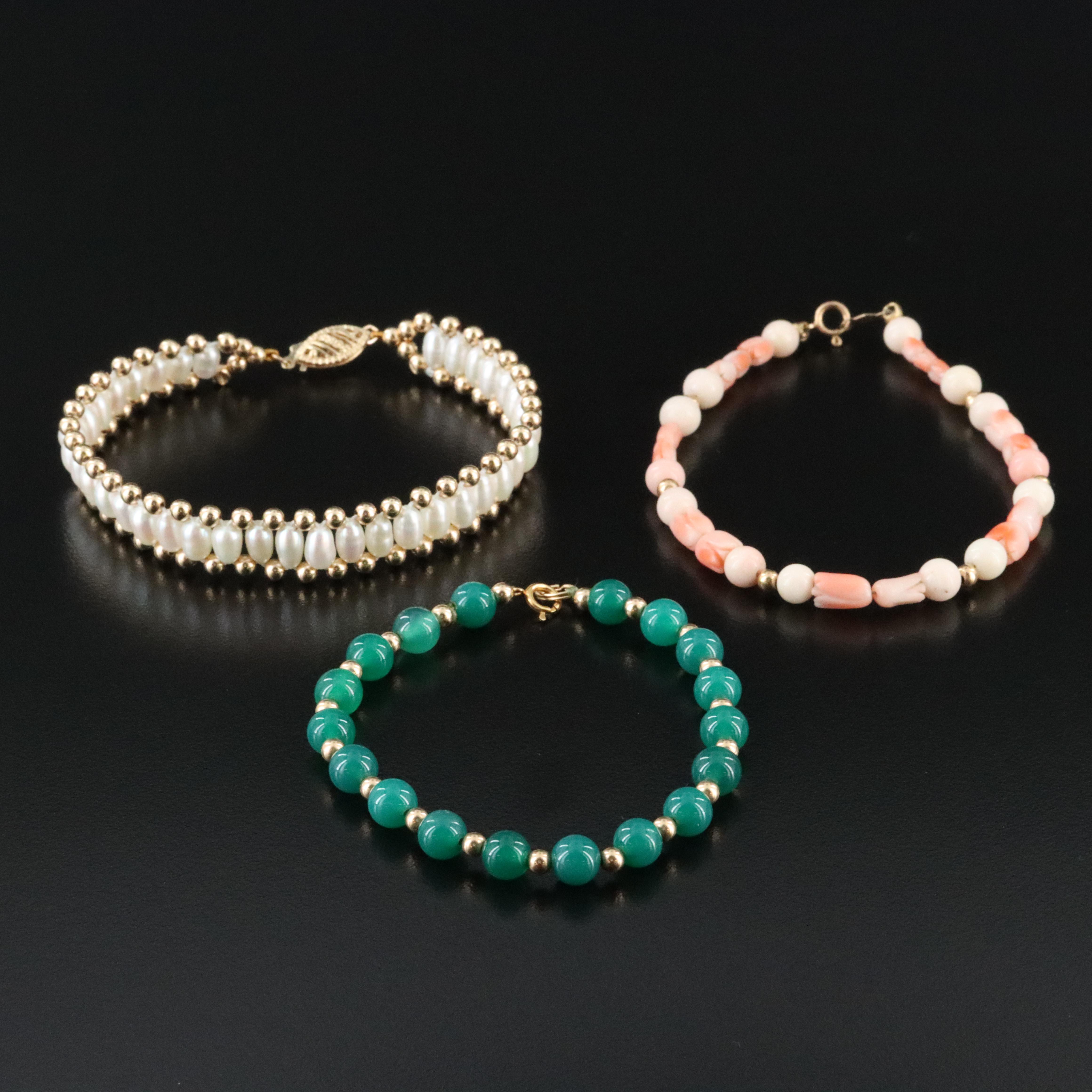 14K Coral, Pearl and Chalcedony Bracelet Trio