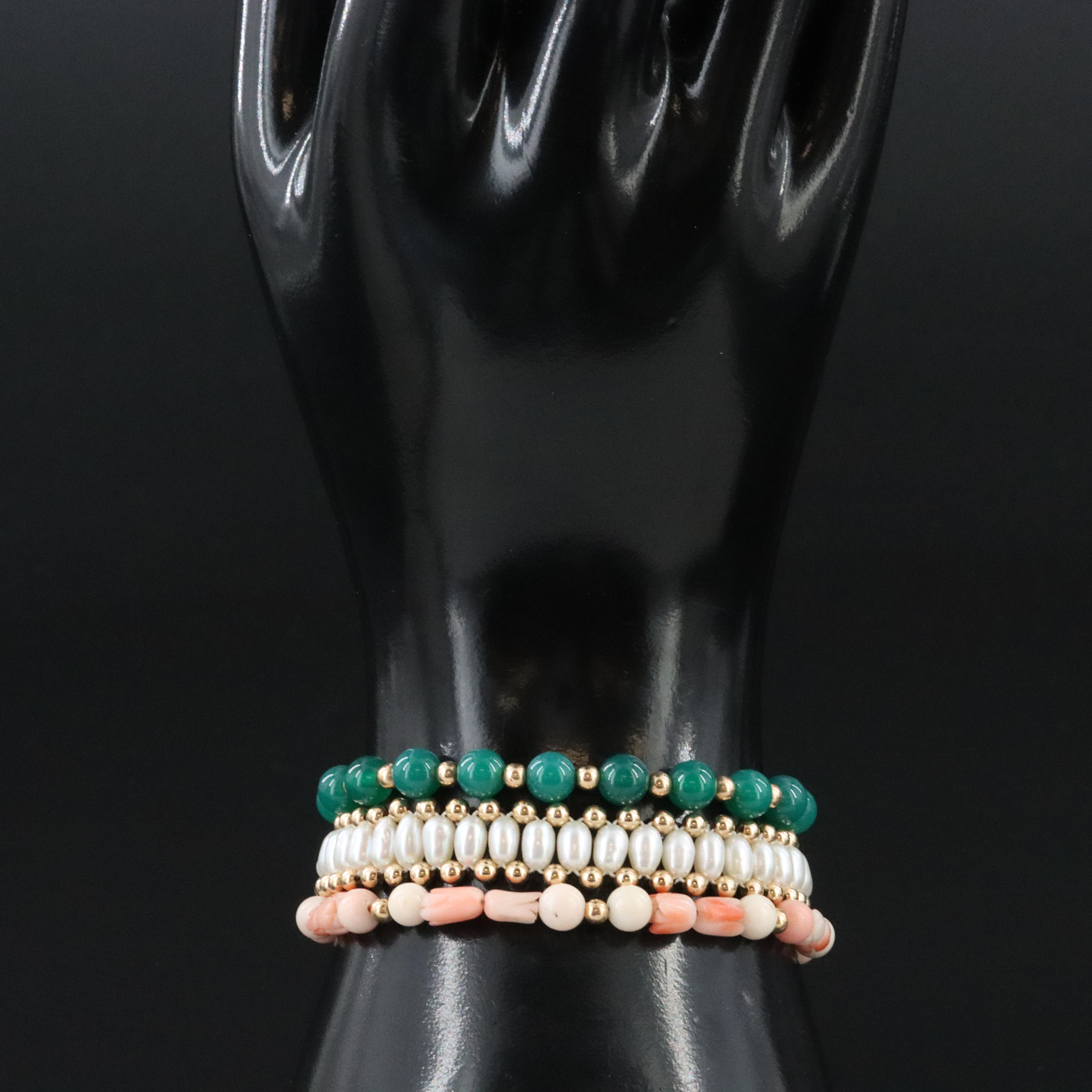 14K Coral, Pearl and Chalcedony Bracelet Trio