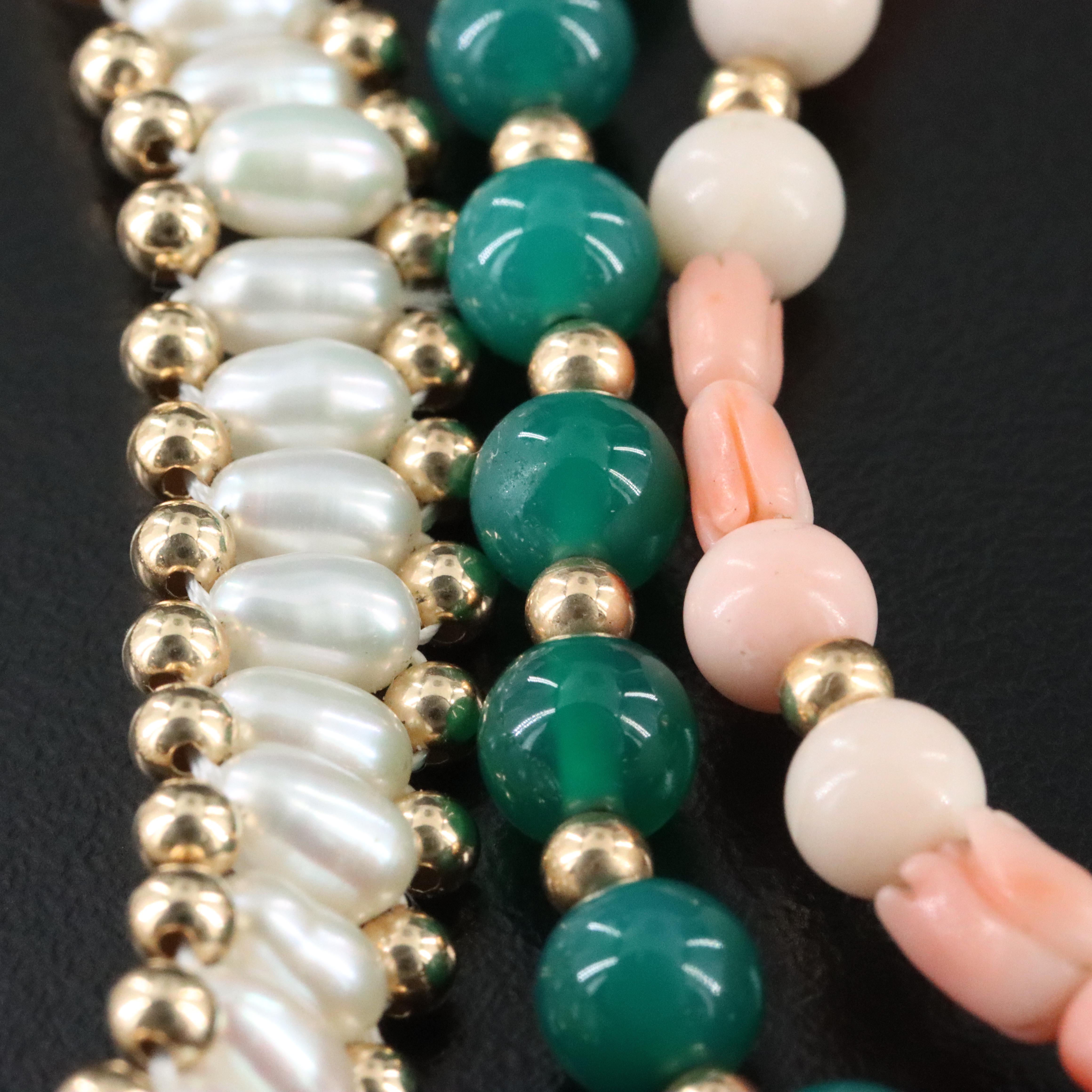 14K Coral, Pearl and Chalcedony Bracelet Trio
