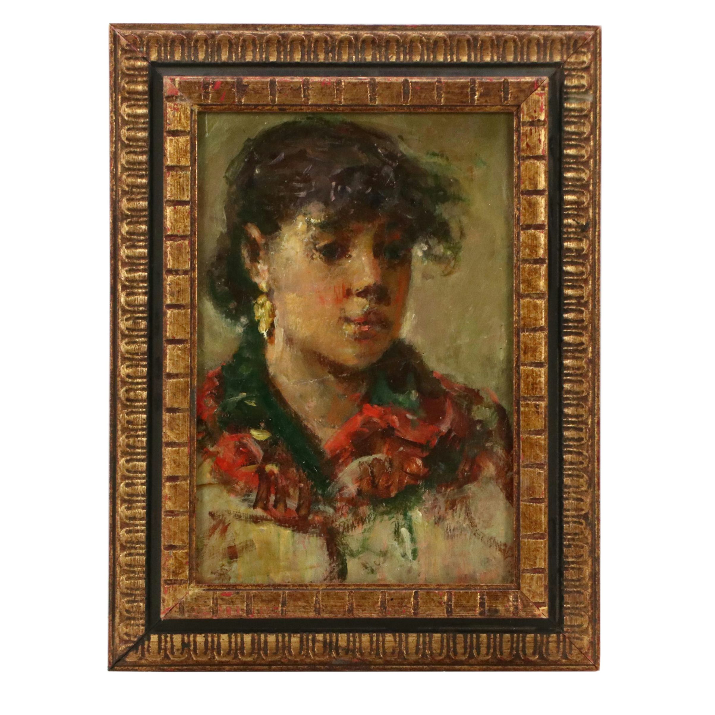Portrait Oil on Board Painting of Young Woman, 20th Century