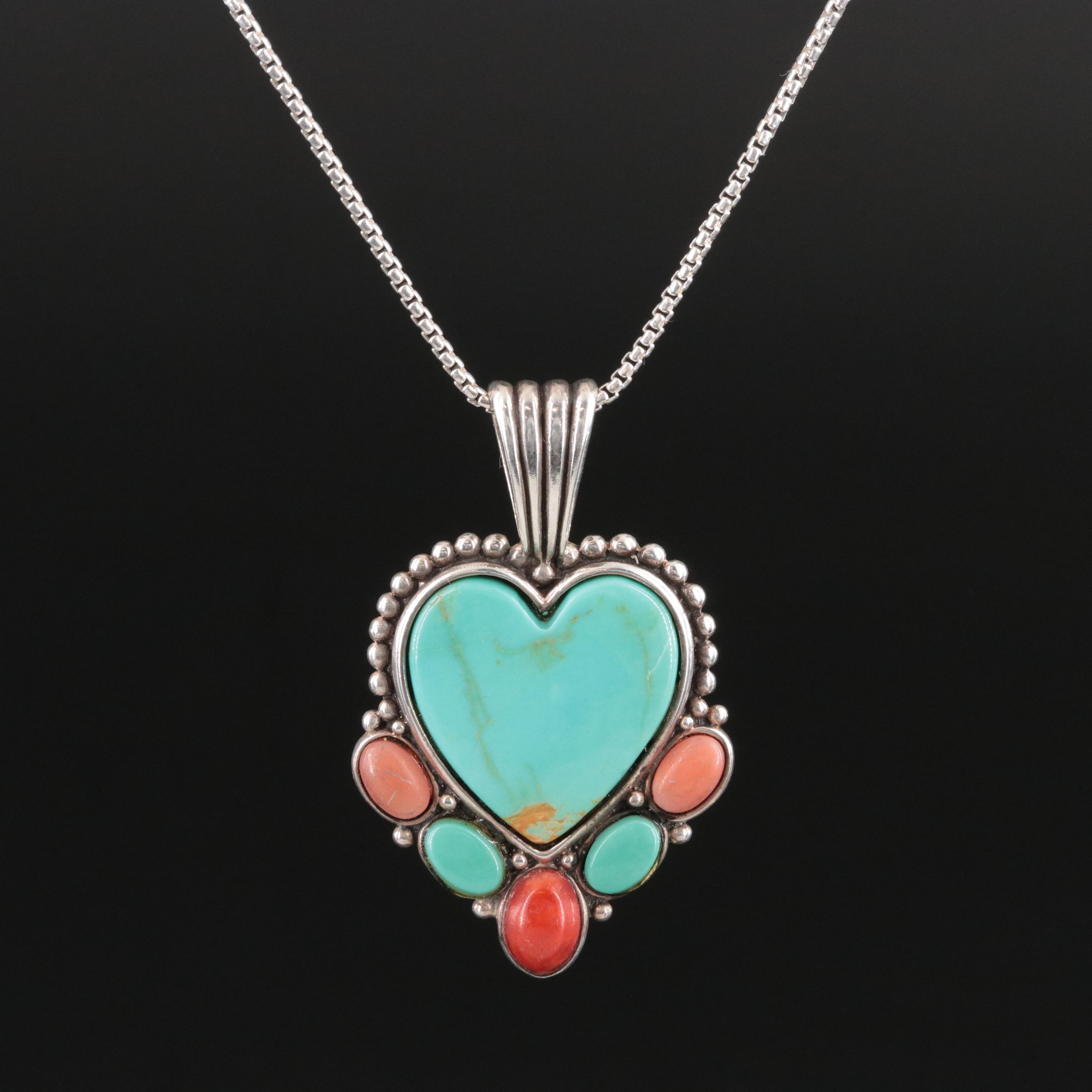Southwestern Carol Felley Sterling Turquoise and Coral Heart Pendant Necklace