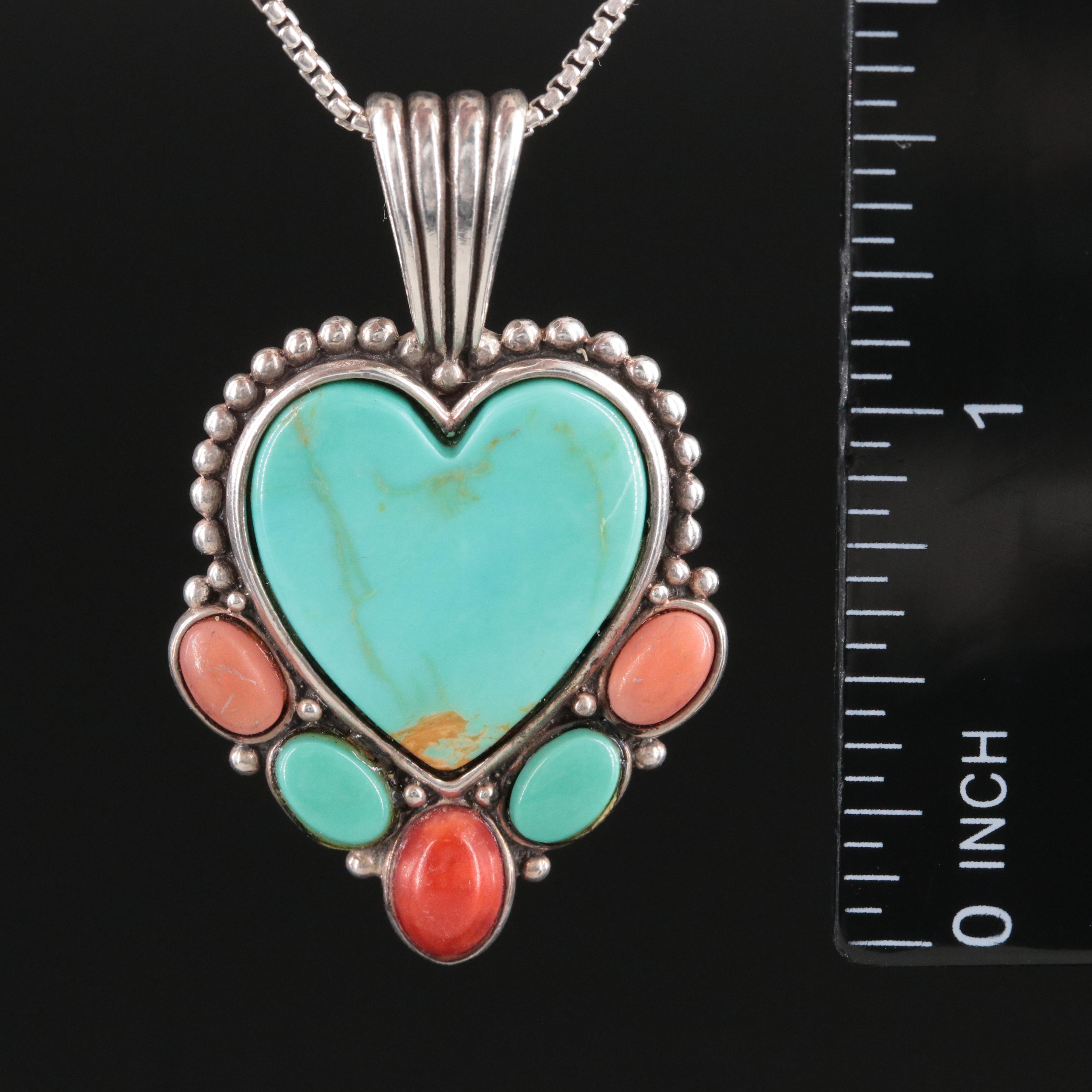 Southwestern Carol Felley Sterling Turquoise and Coral Heart Pendant Necklace