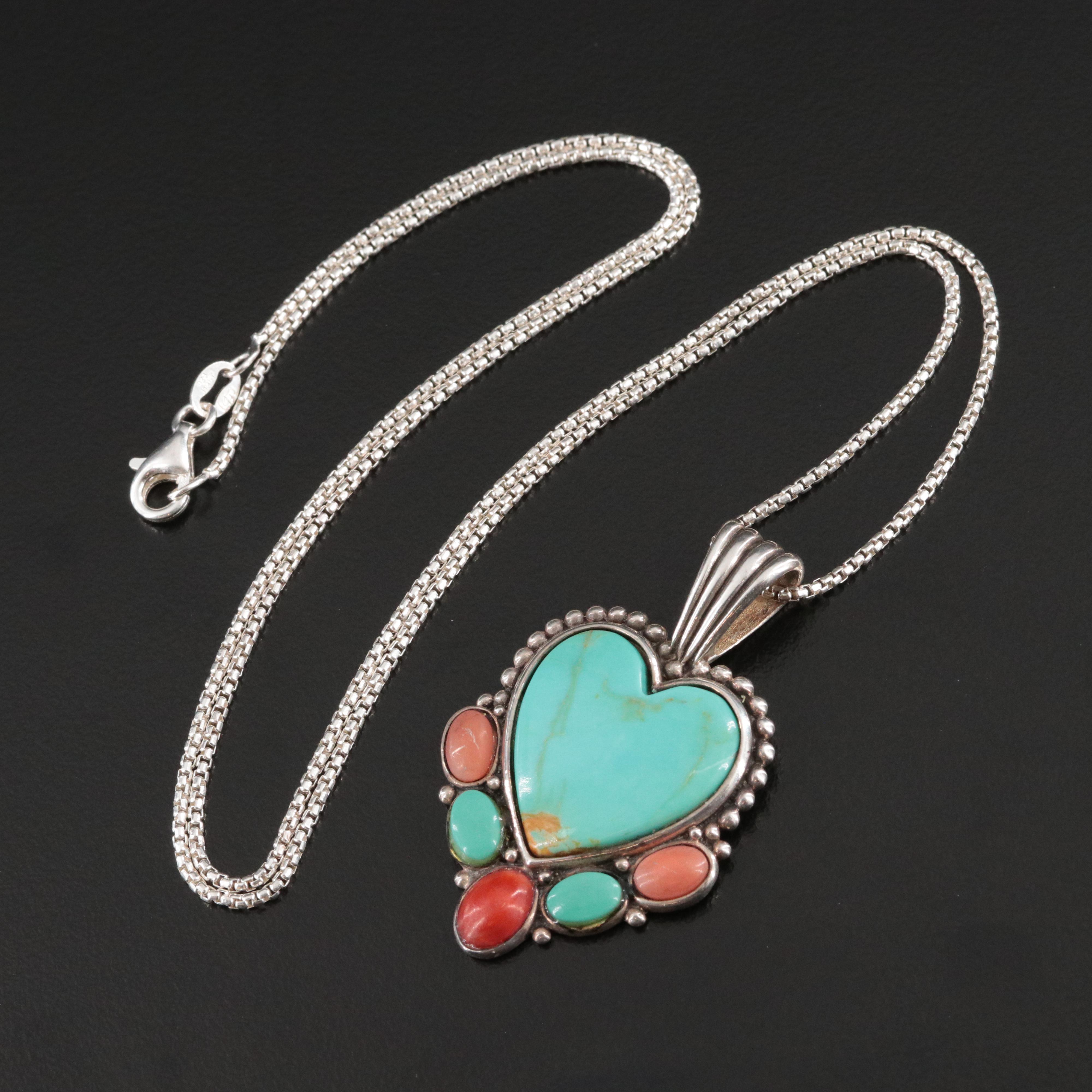 Southwestern Carol Felley Sterling Turquoise and Coral Heart Pendant Necklace