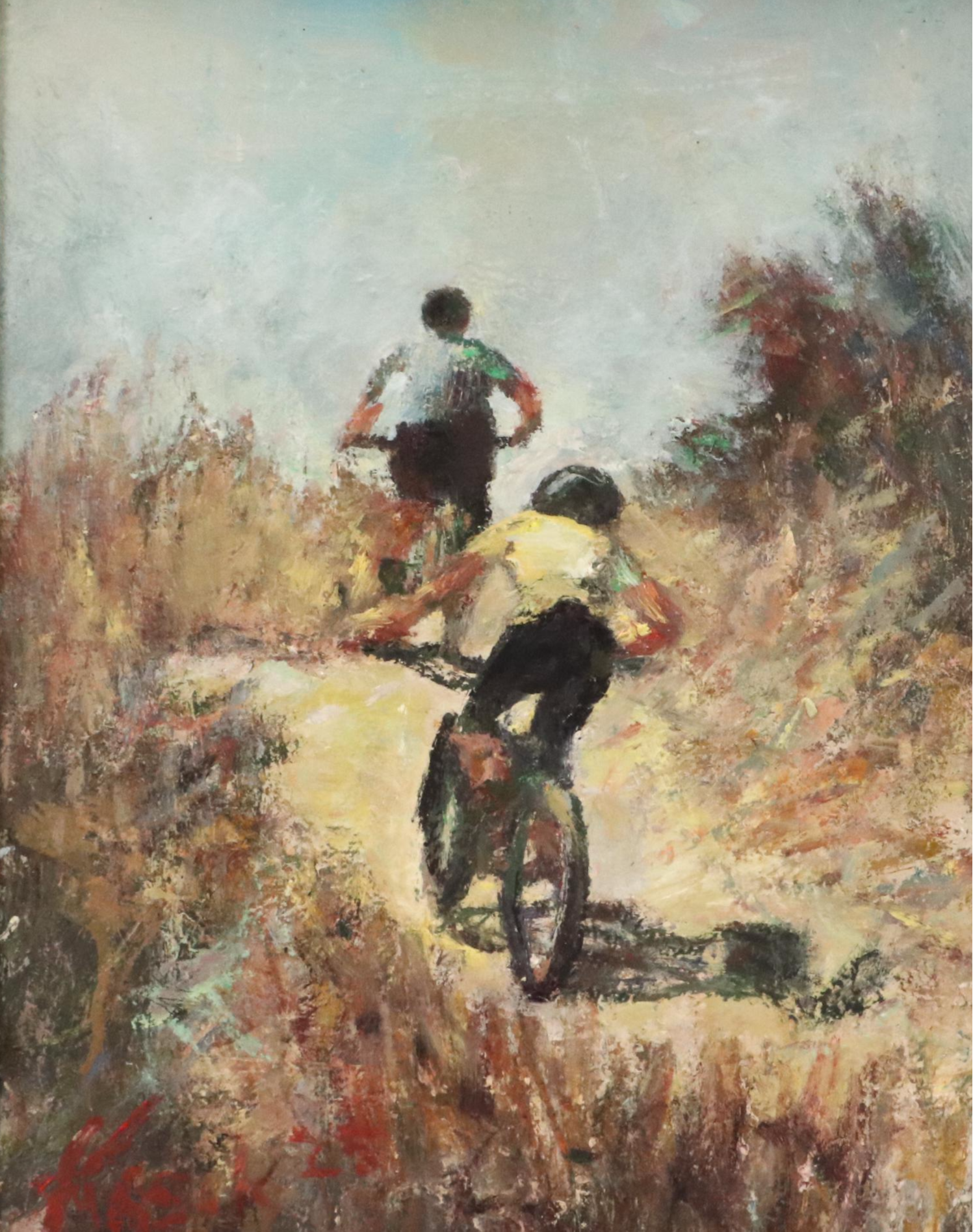 Kevin A. Kasik Oil Painting "Trail Biker Persuit!," 2025