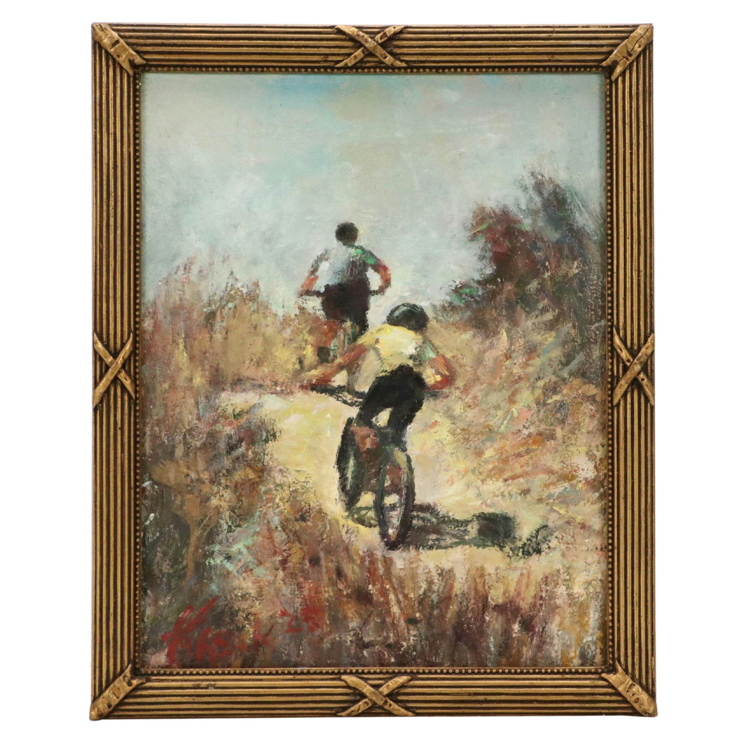 Kevin A. Kasik Oil Painting "Trail Biker Persuit!," 2025