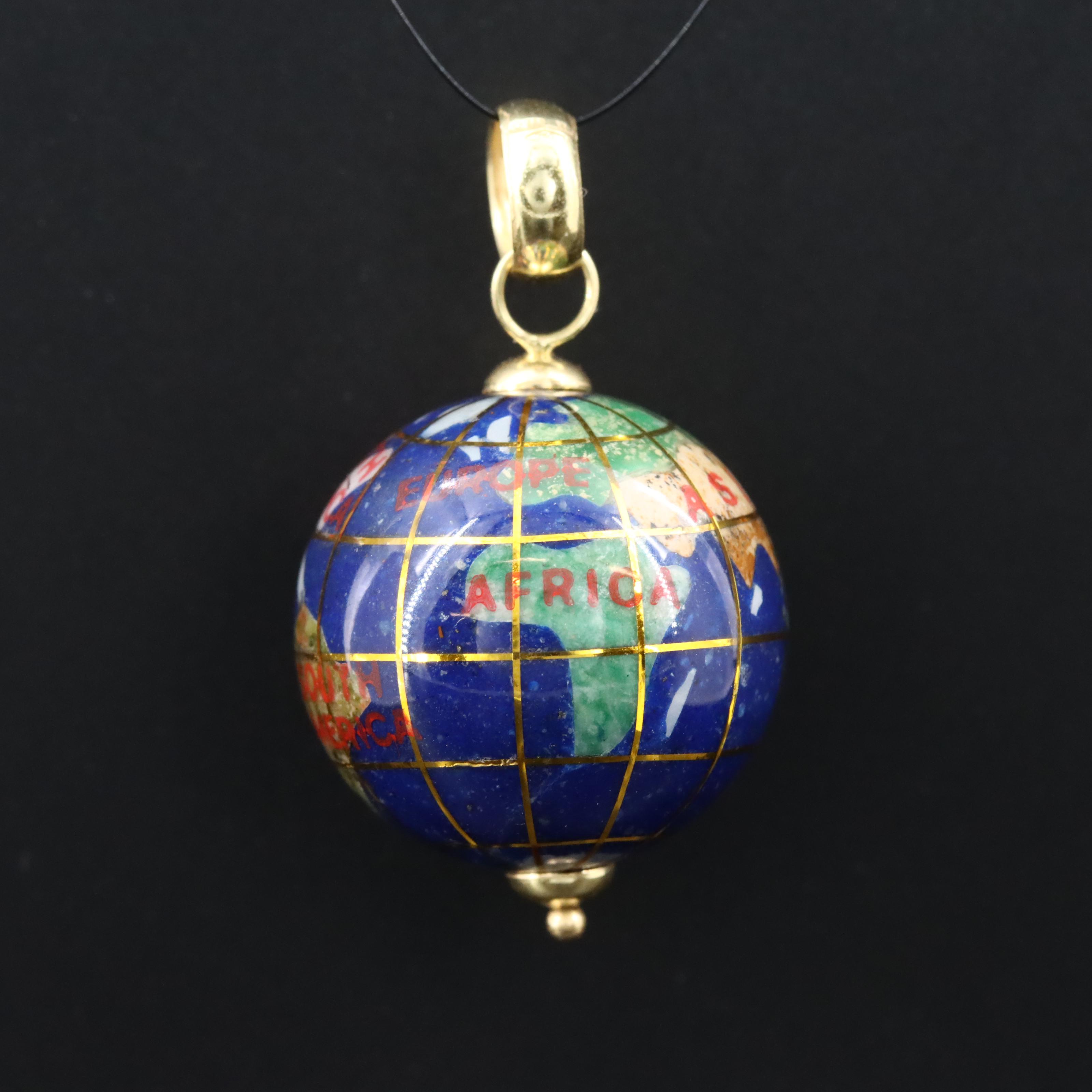 Italian 18K Gemstone Inlay Globe Pendant Featuring Lapis Lazuli, Jasper, Abalone