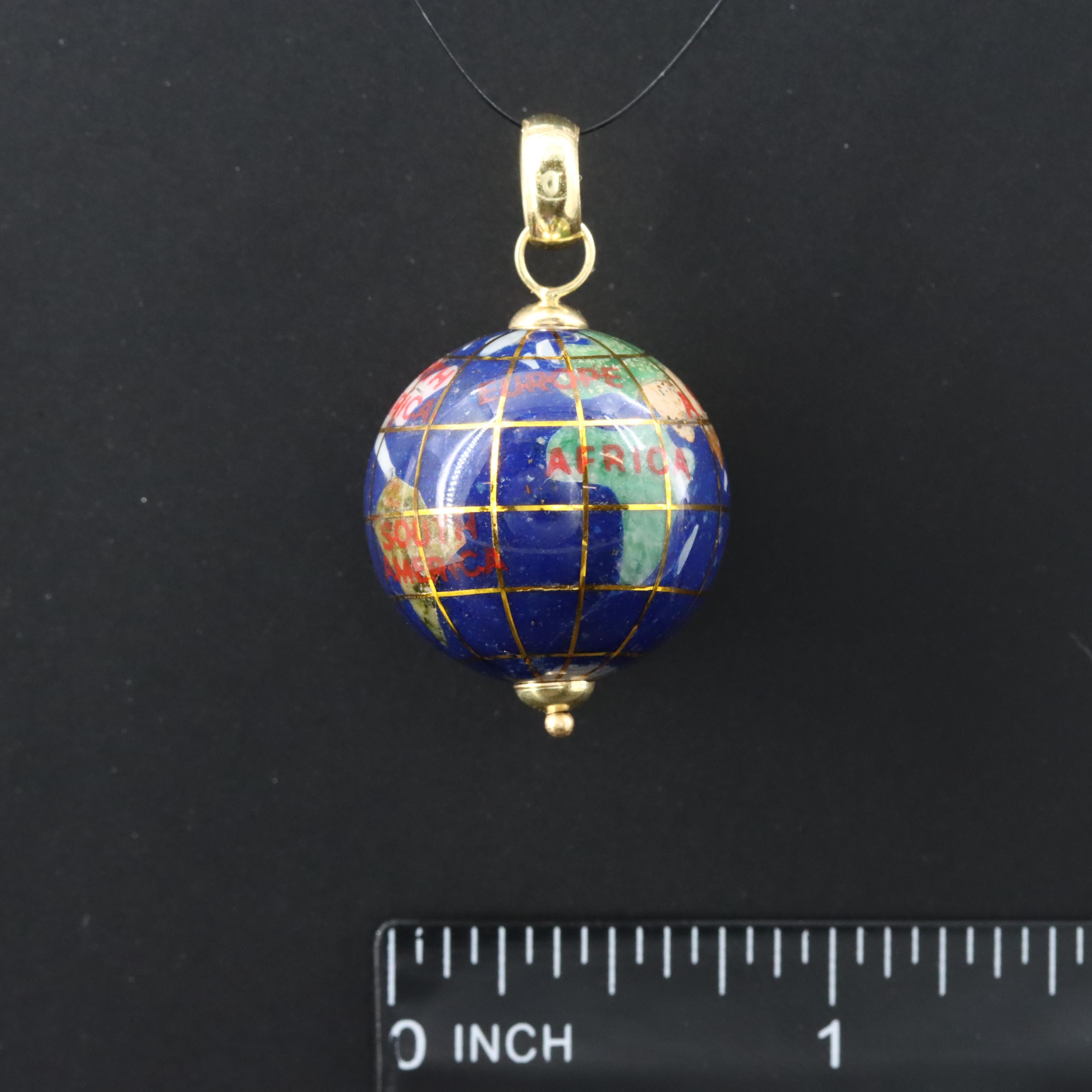 Italian 18K Gemstone Inlay Globe Pendant Featuring Lapis Lazuli, Jasper, Abalone