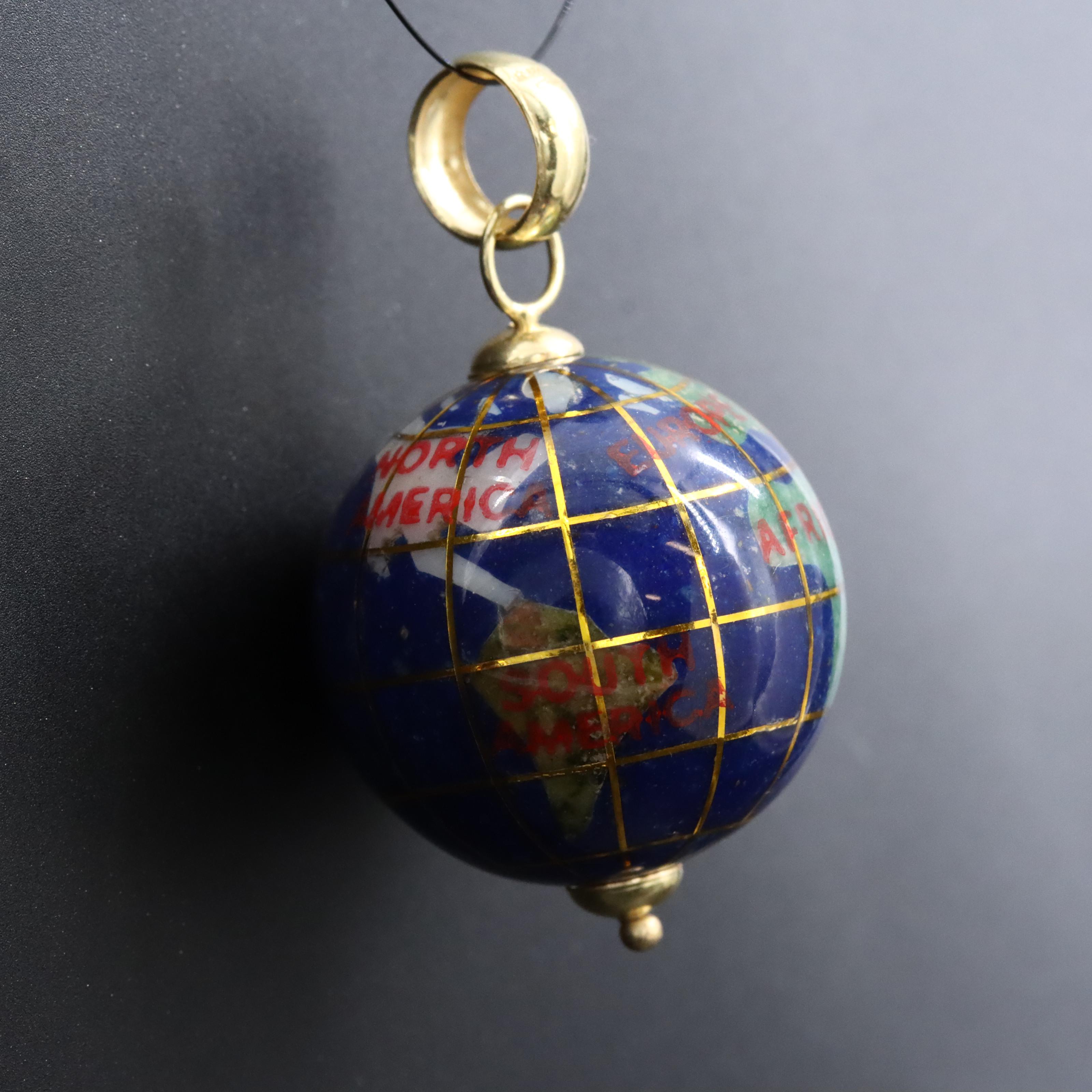Italian 18K Gemstone Inlay Globe Pendant Featuring Lapis Lazuli, Jasper, Abalone