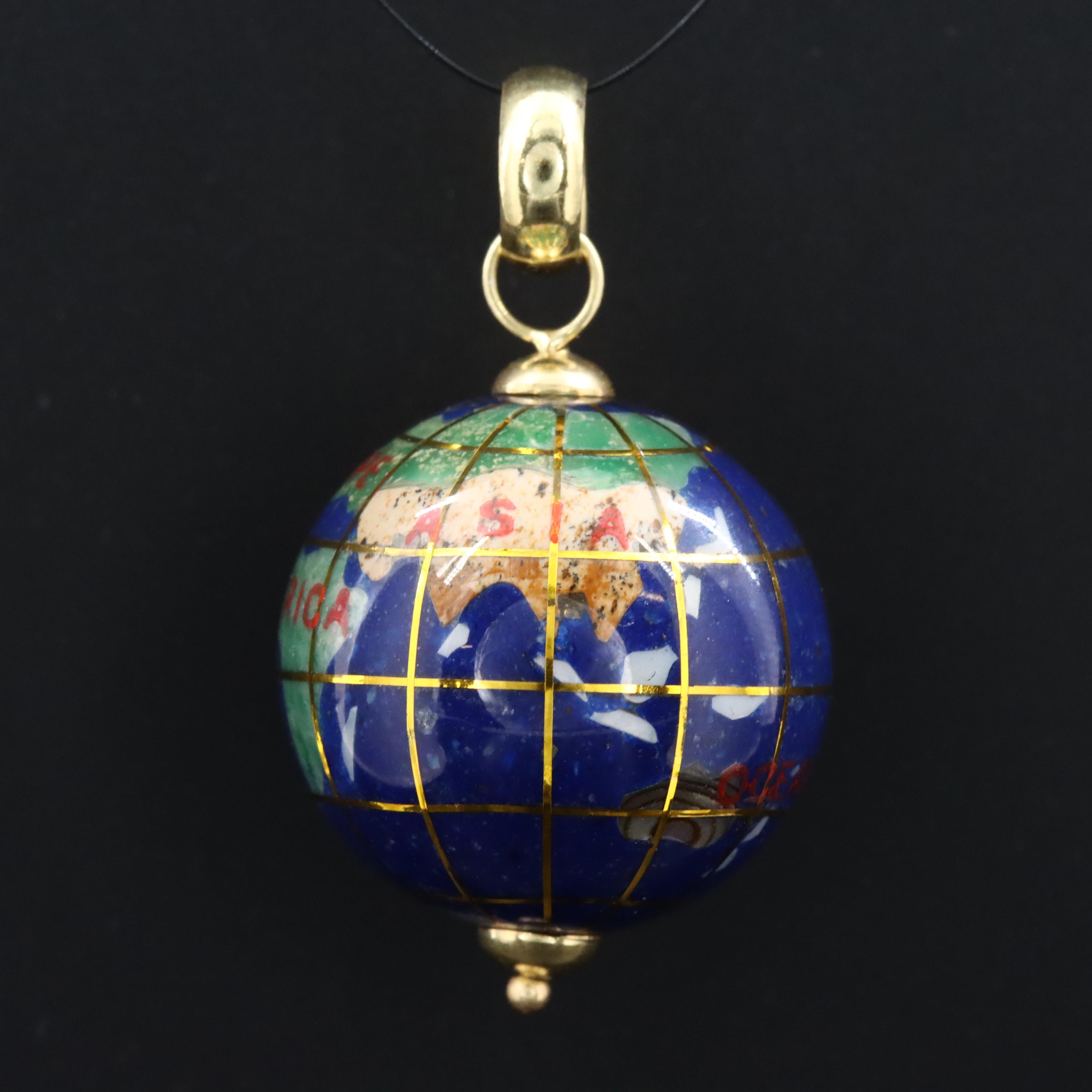 Italian 18K Gemstone Inlay Globe Pendant Featuring Lapis Lazuli, Jasper, Abalone