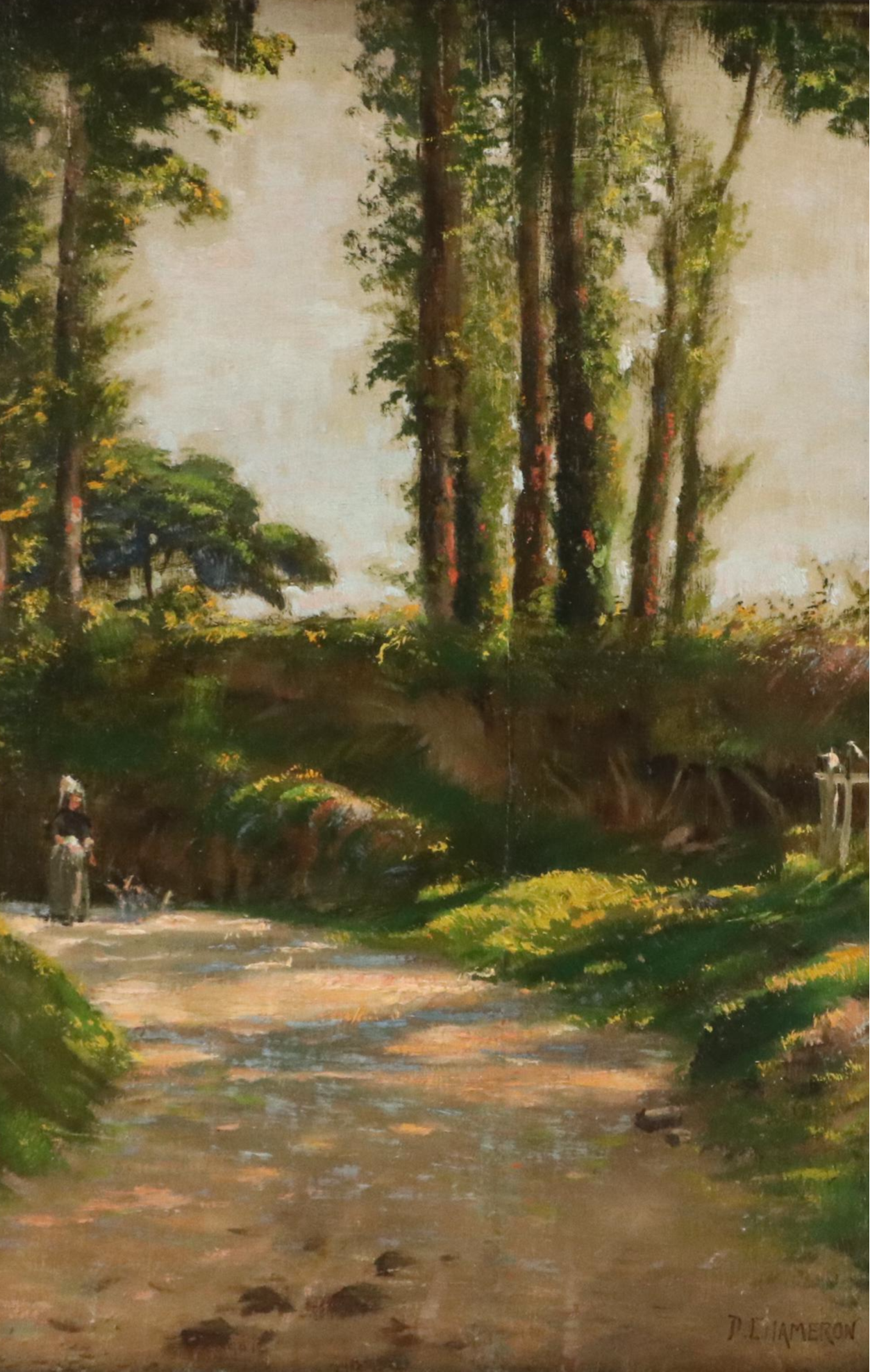 Paul Chameron Oil Painting of Woman Feeding Chickens in Forest