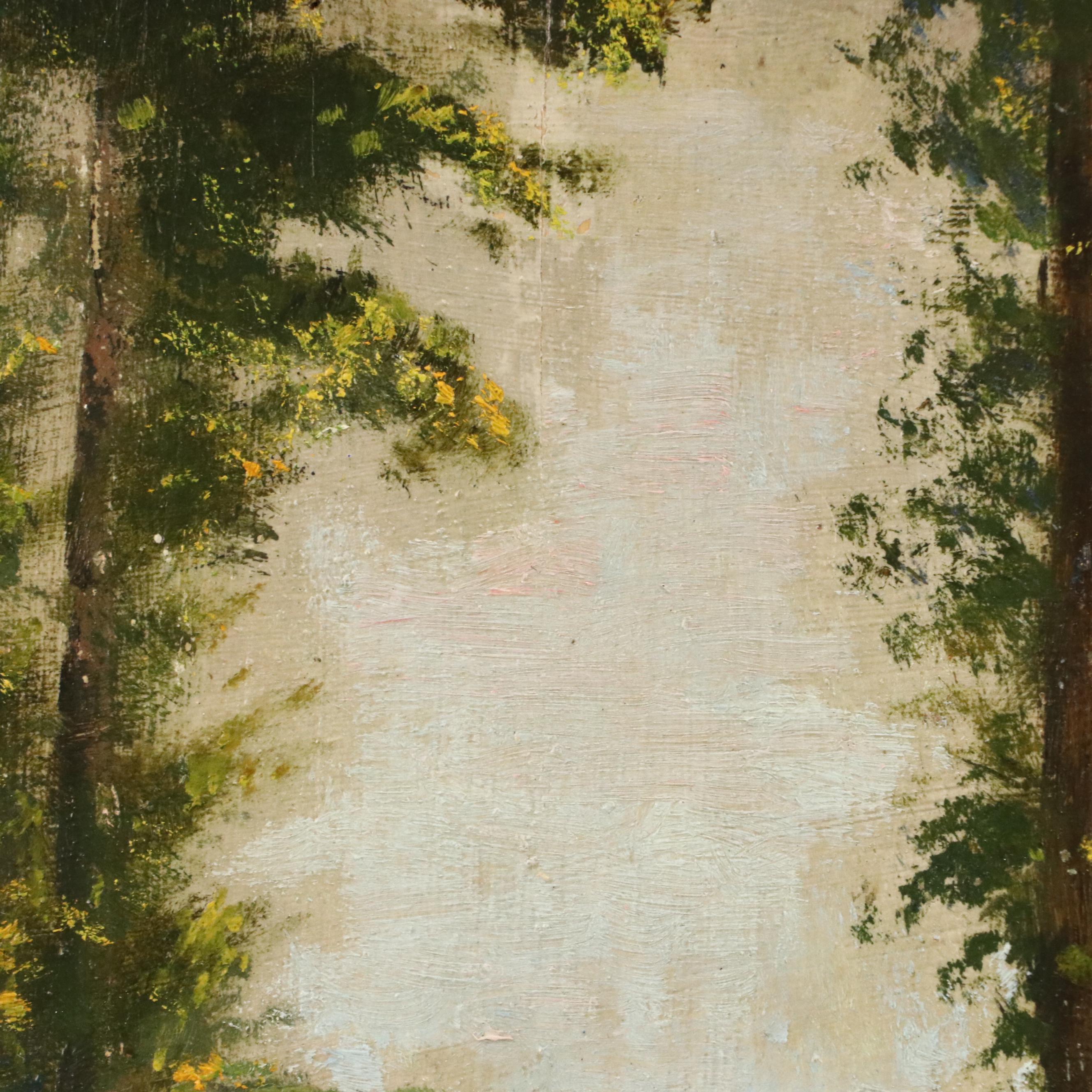 Paul Chameron Oil Painting of Woman Feeding Chickens in Forest