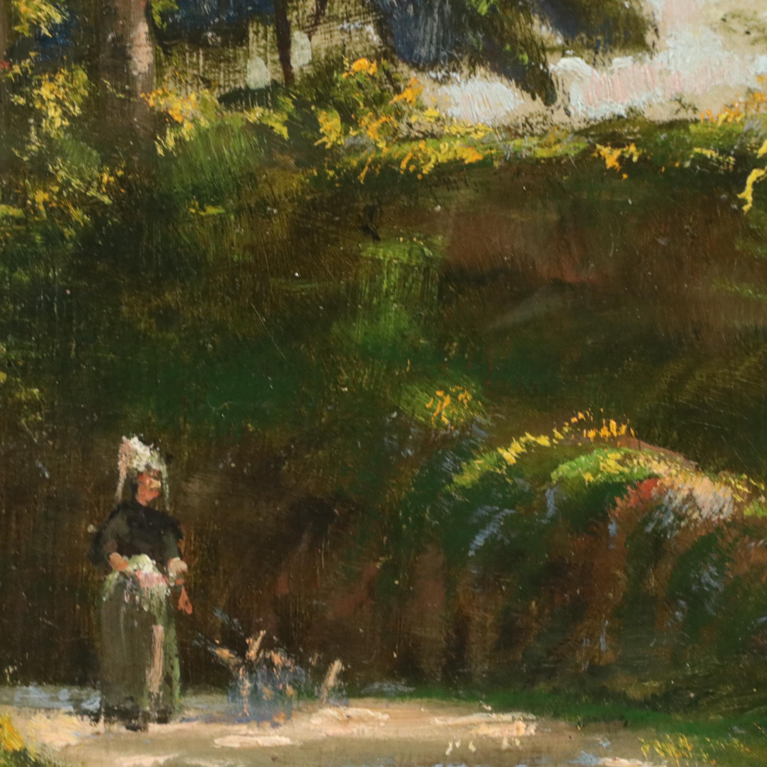 Paul Chameron Oil Painting of Woman Feeding Chickens in Forest