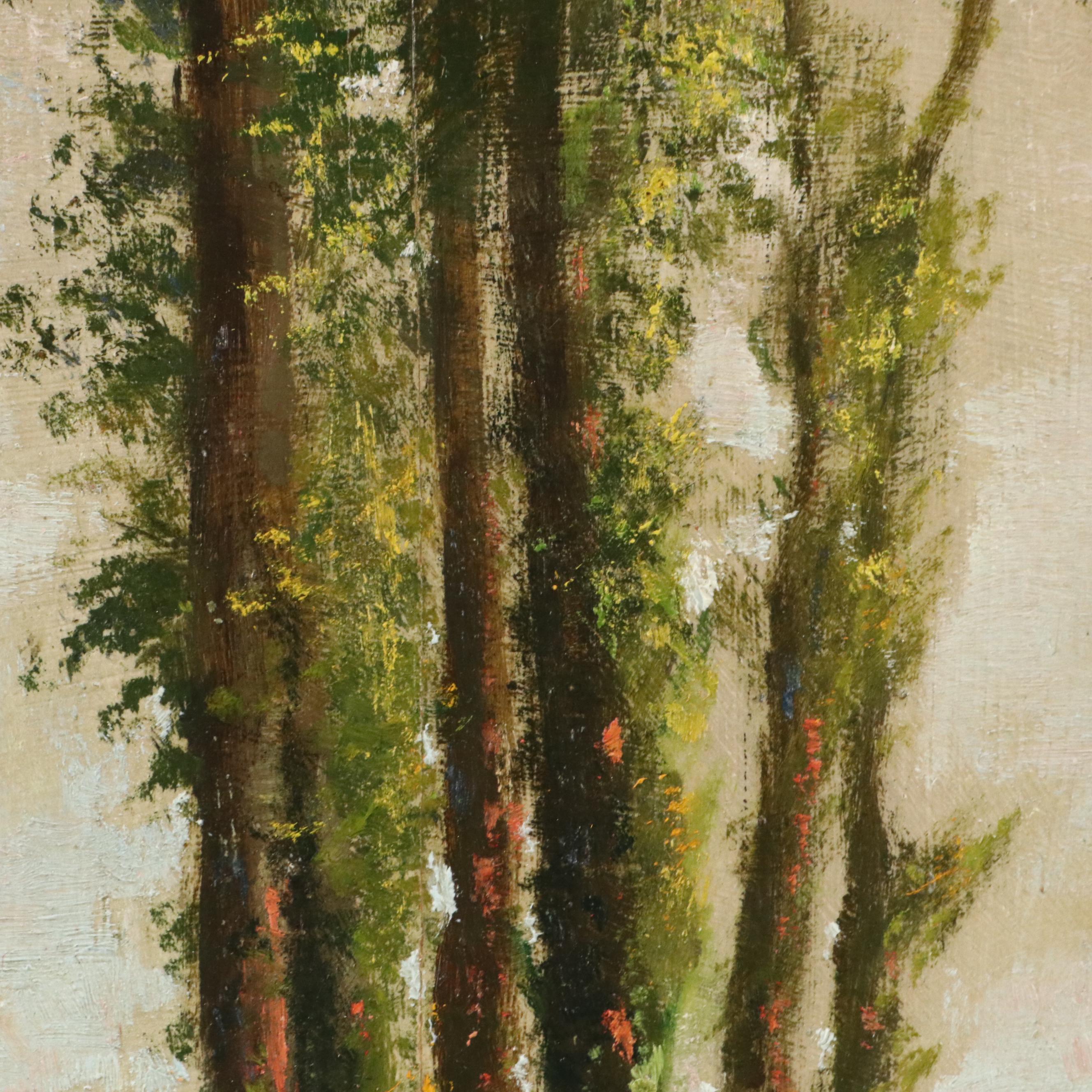 Paul Chameron Oil Painting of Woman Feeding Chickens in Forest