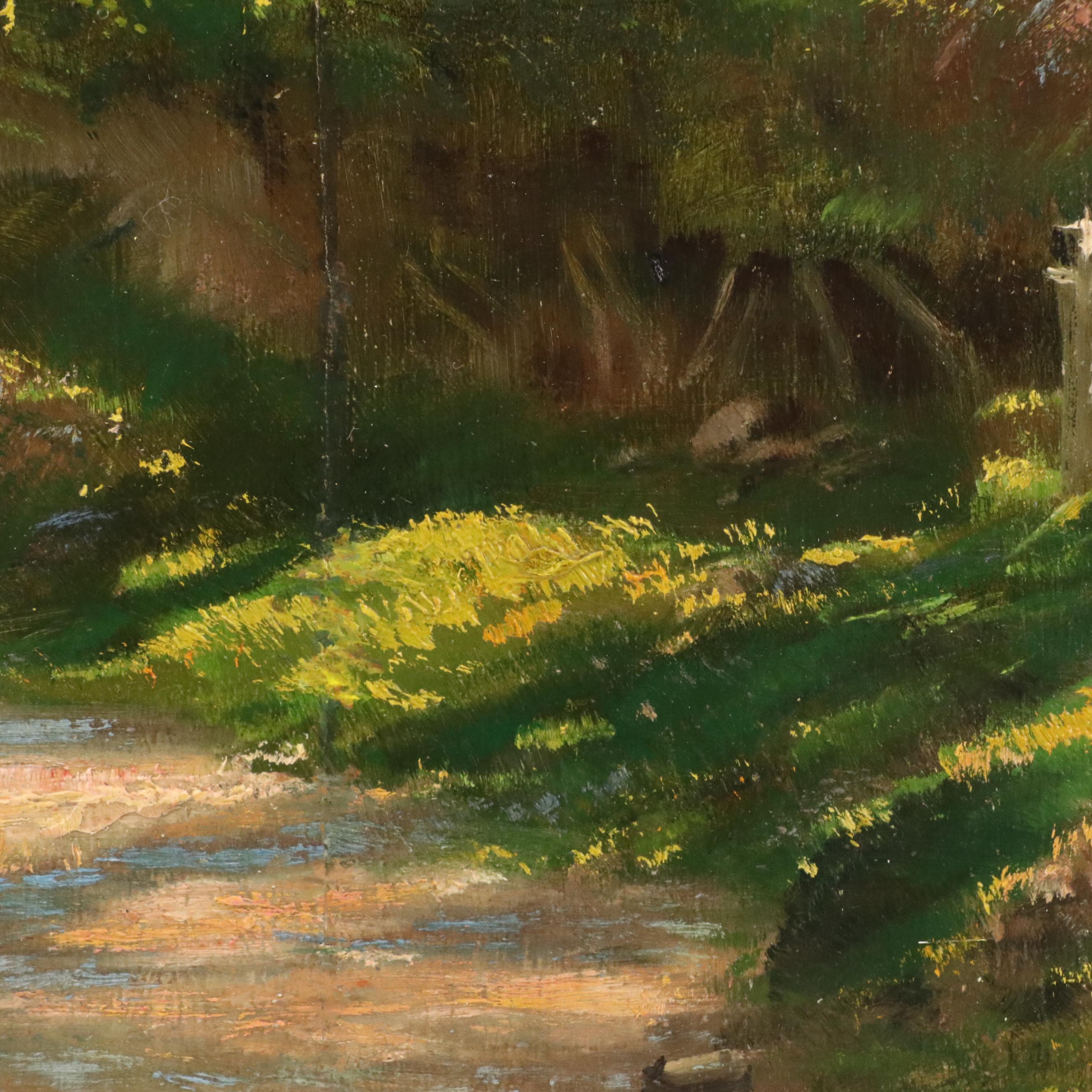 Paul Chameron Oil Painting of Woman Feeding Chickens in Forest