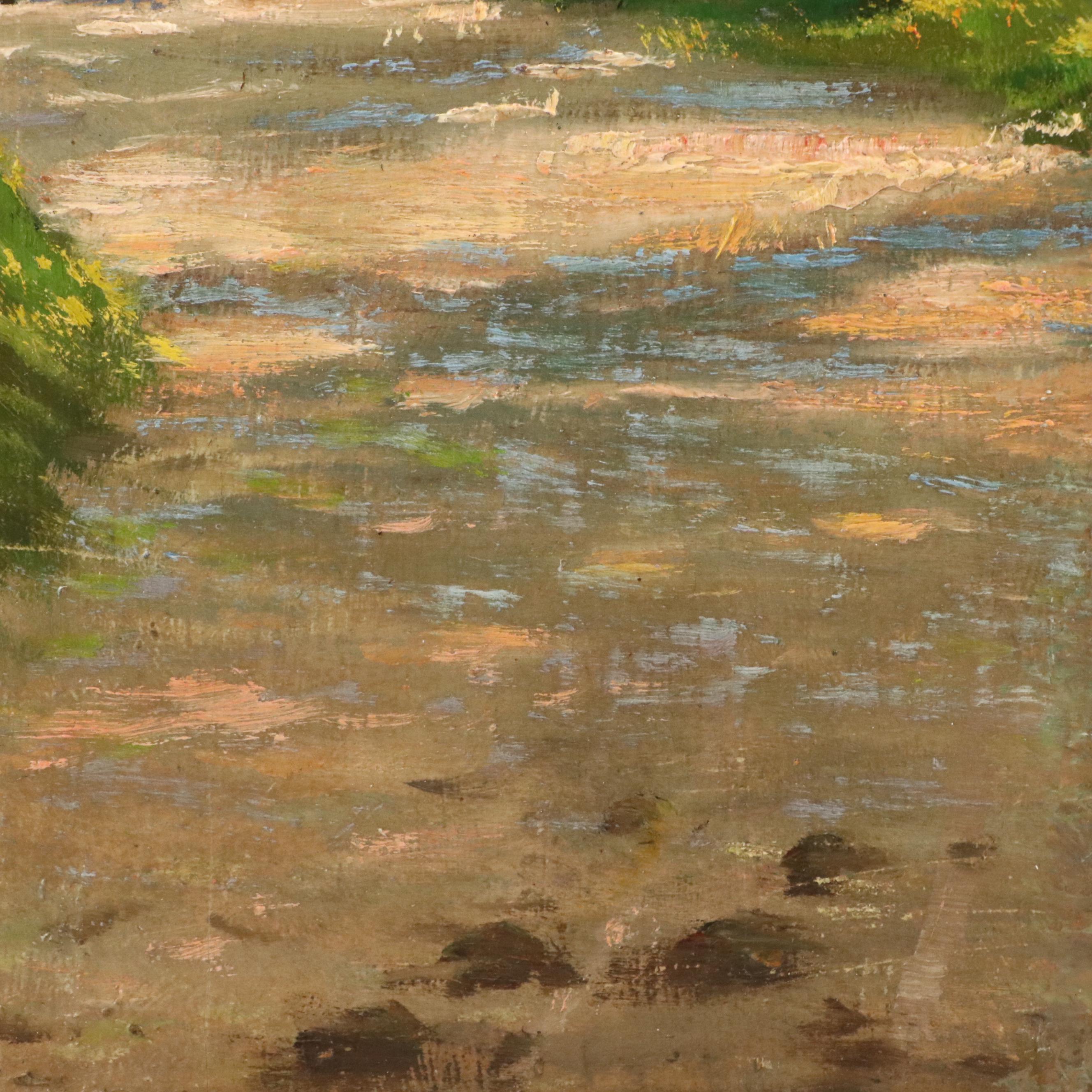 Paul Chameron Oil Painting of Woman Feeding Chickens in Forest