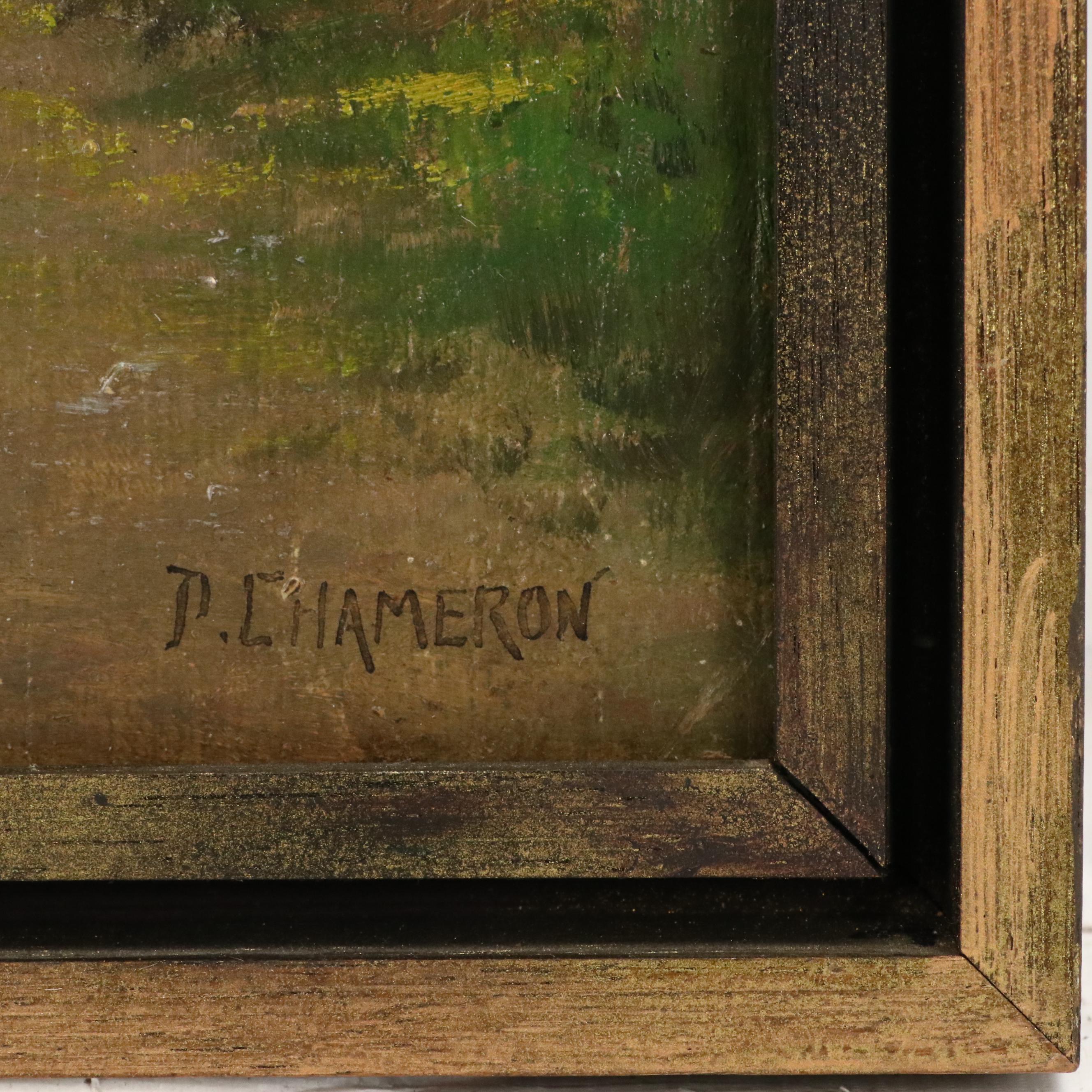 Paul Chameron Oil Painting of Woman Feeding Chickens in Forest