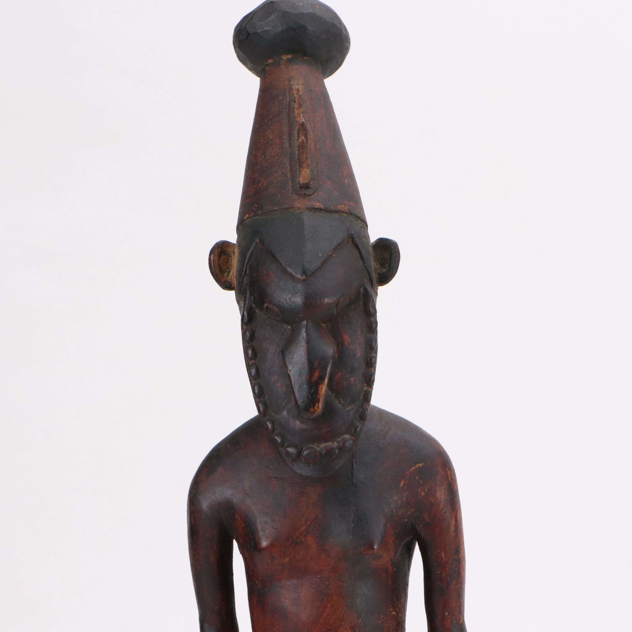 PNG Lower Sepik Carved Masks with Woven Bags and Carved Male Figure