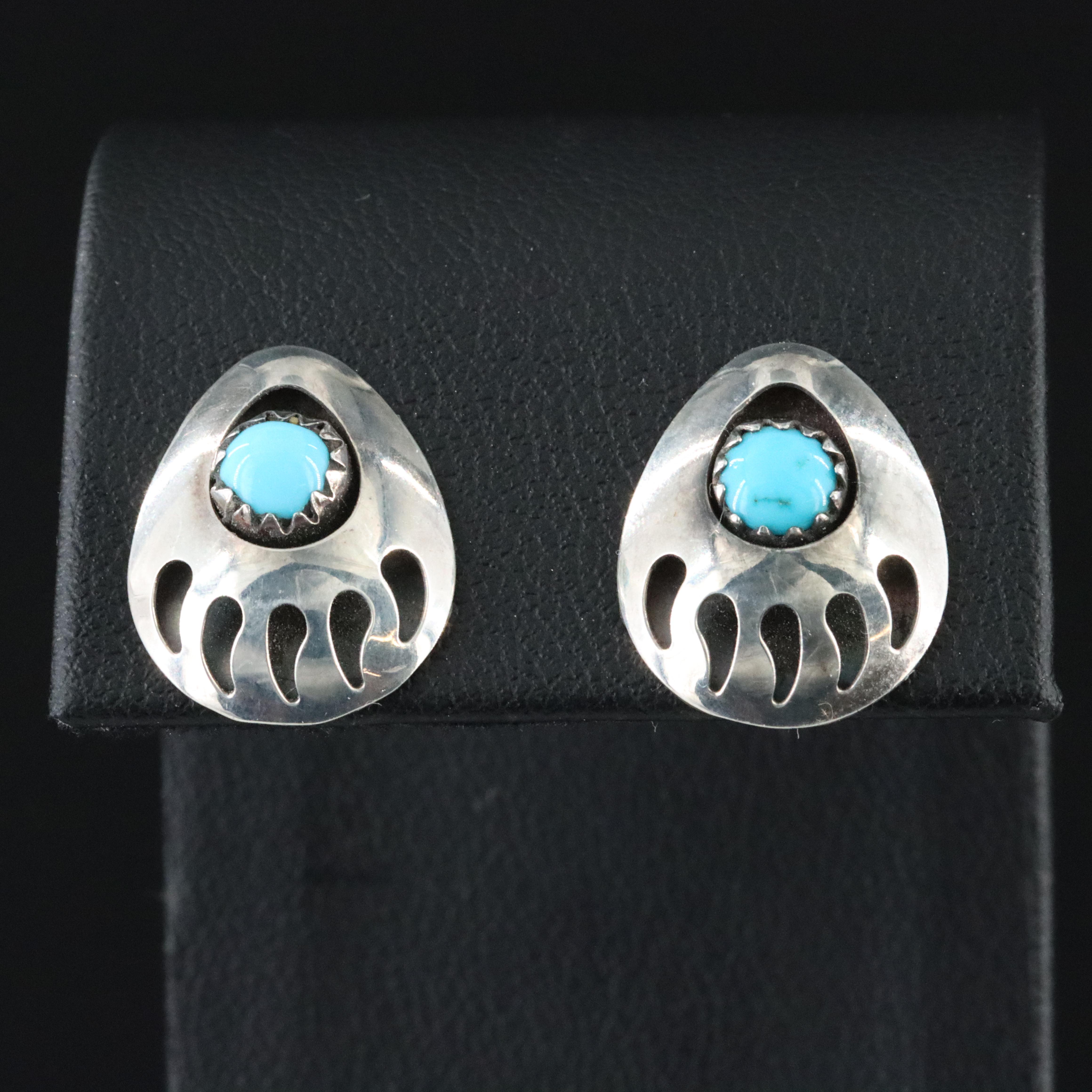 Western Sterling Turquoise Shadowbox Bear Paw Earrings