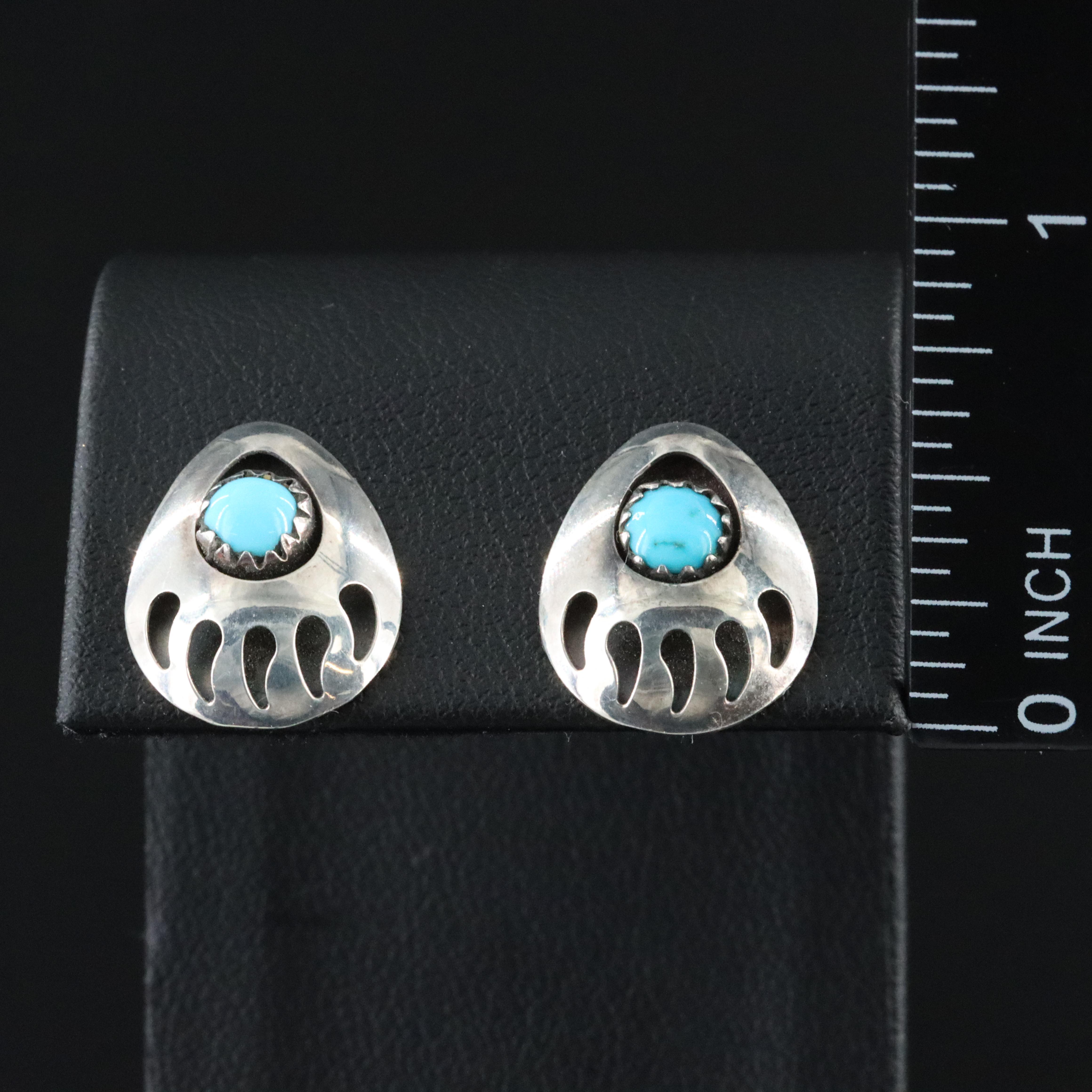Western Sterling Turquoise Shadowbox Bear Paw Earrings