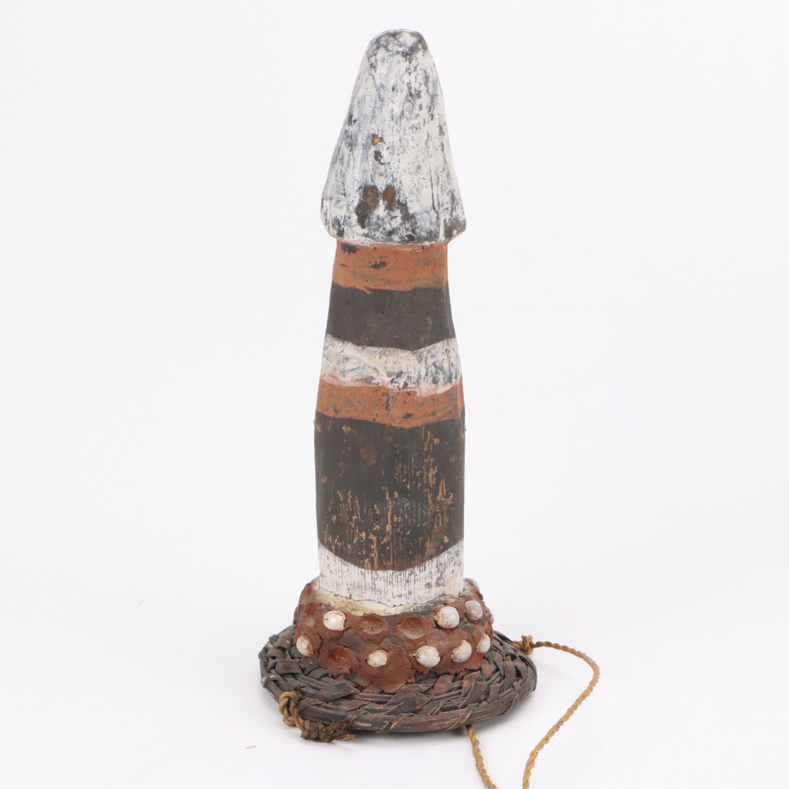 PNG Lower Sepik Carved Masks with Woven Bags and Carved Male Figure