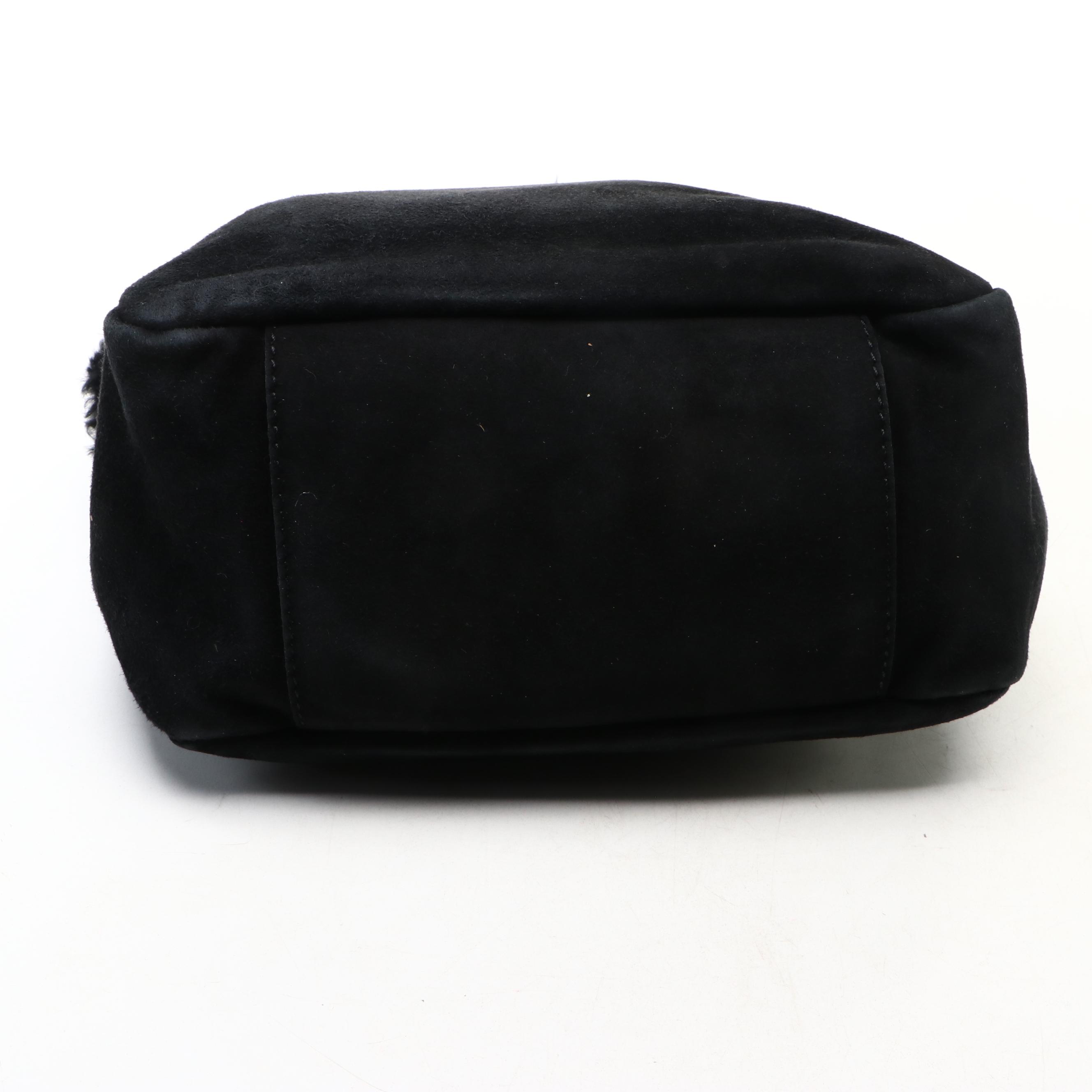 Salvatore Ferragamo Vara Bow Handbag in Black Suede, Rabbit Fur Trim & Leather