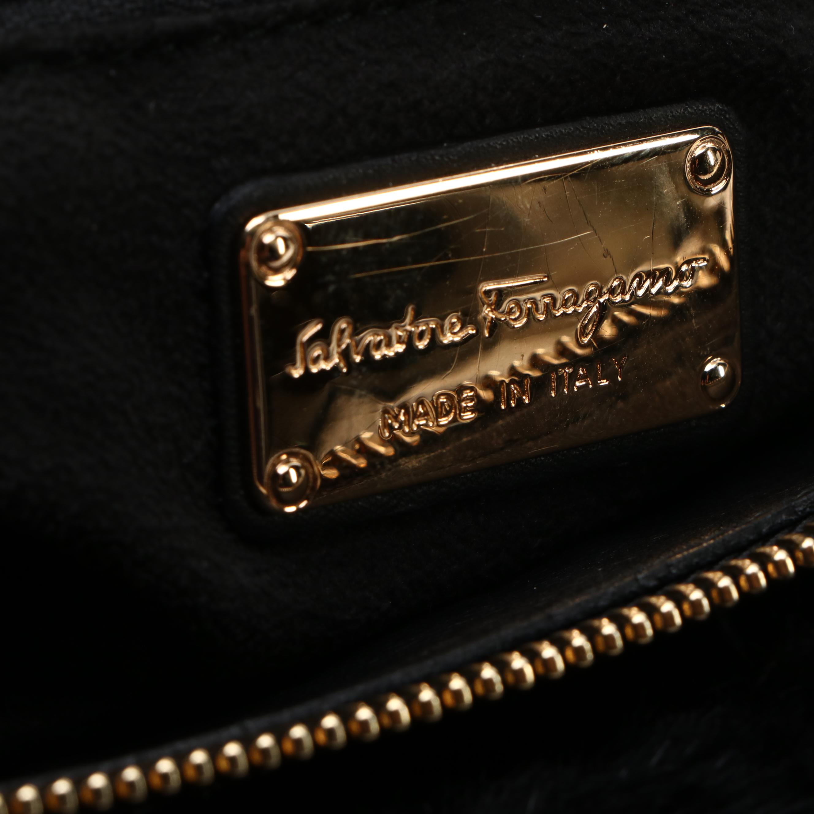 Salvatore Ferragamo Vara Bow Handbag in Black Suede, Rabbit Fur Trim & Leather