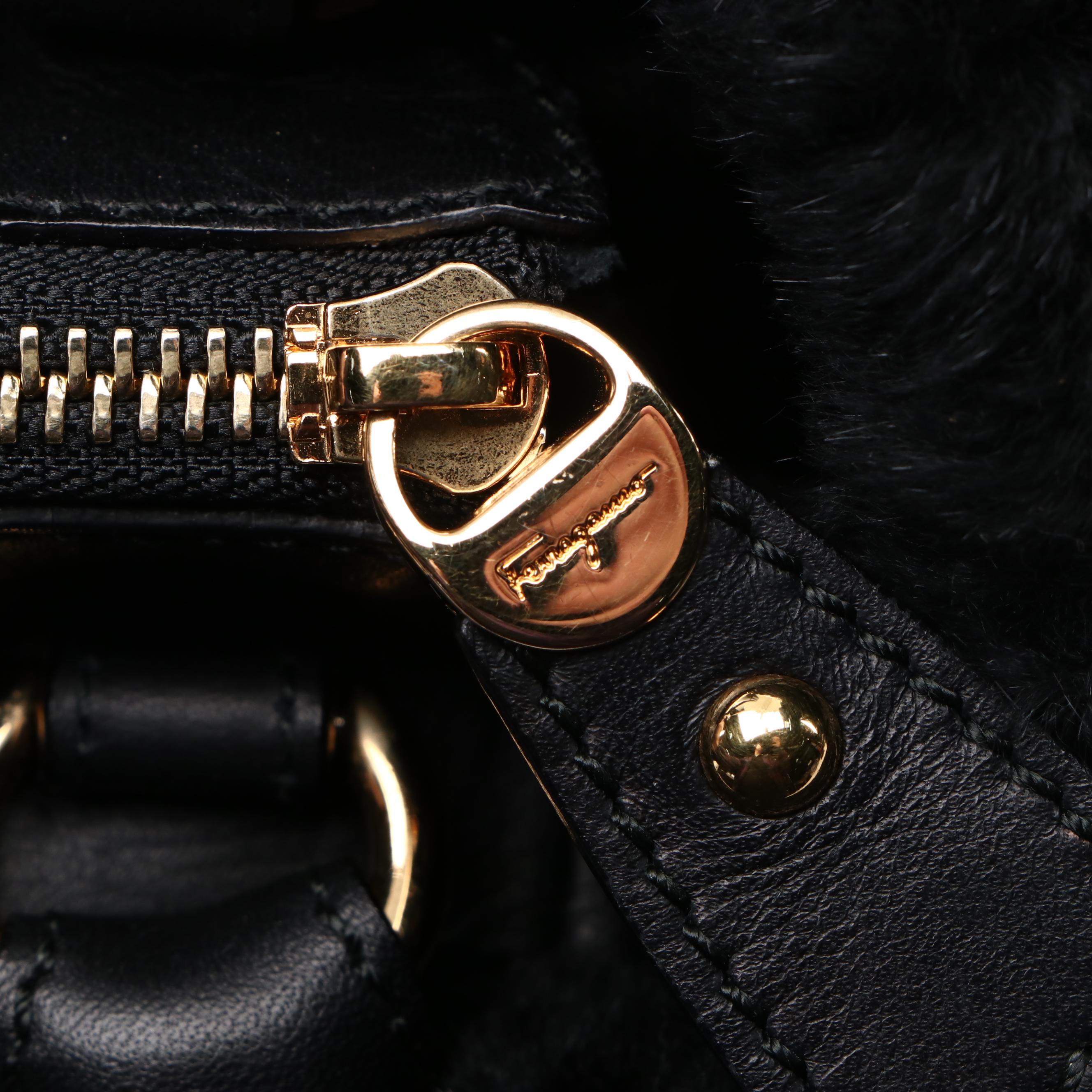 Salvatore Ferragamo Vara Bow Handbag in Black Suede, Rabbit Fur Trim & Leather