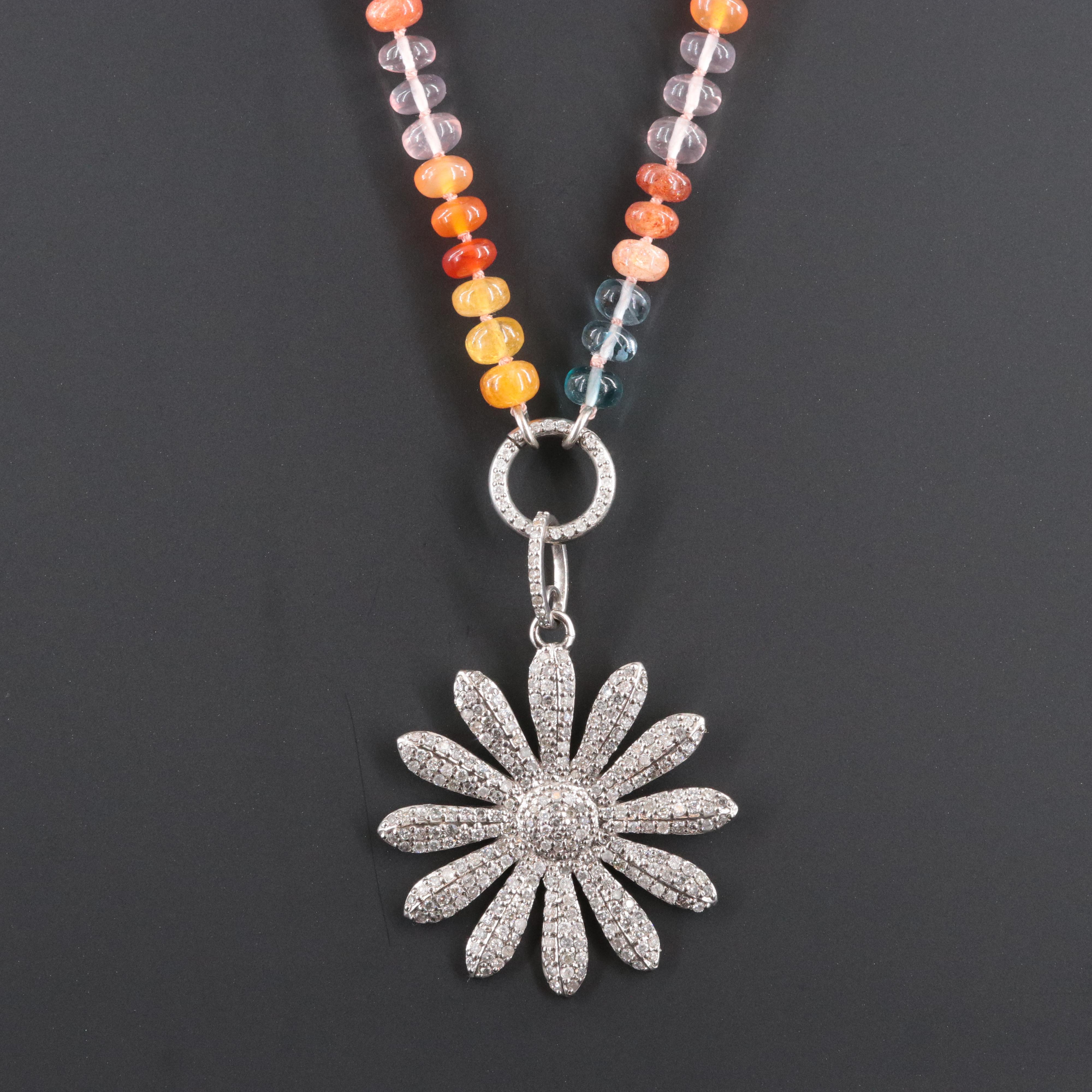 Sheryl Lowe Sterling Pavé Diamond Flower Pendant and Gemstone Necklace