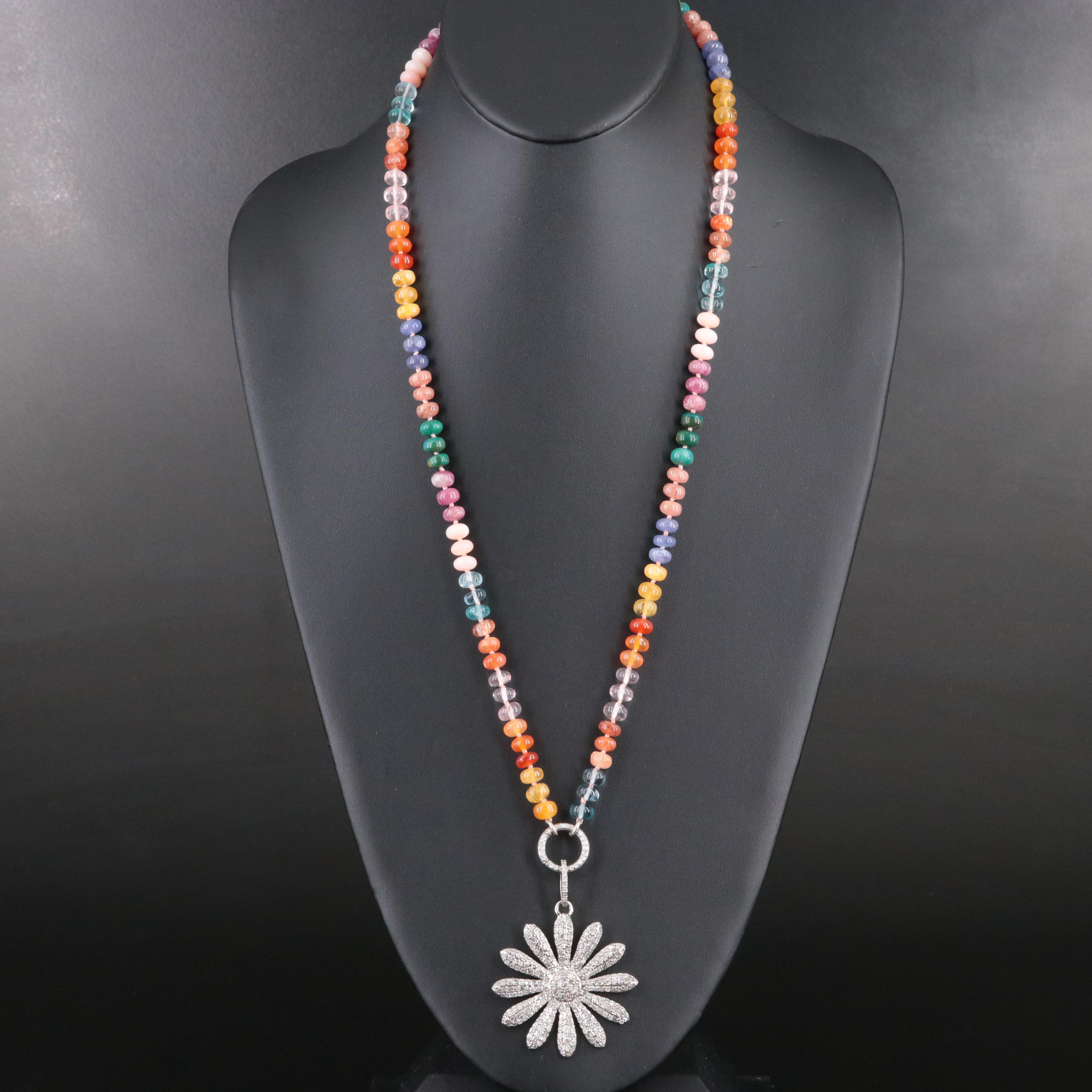 Sheryl Lowe Sterling Pavé Diamond Flower Pendant and Gemstone Necklace