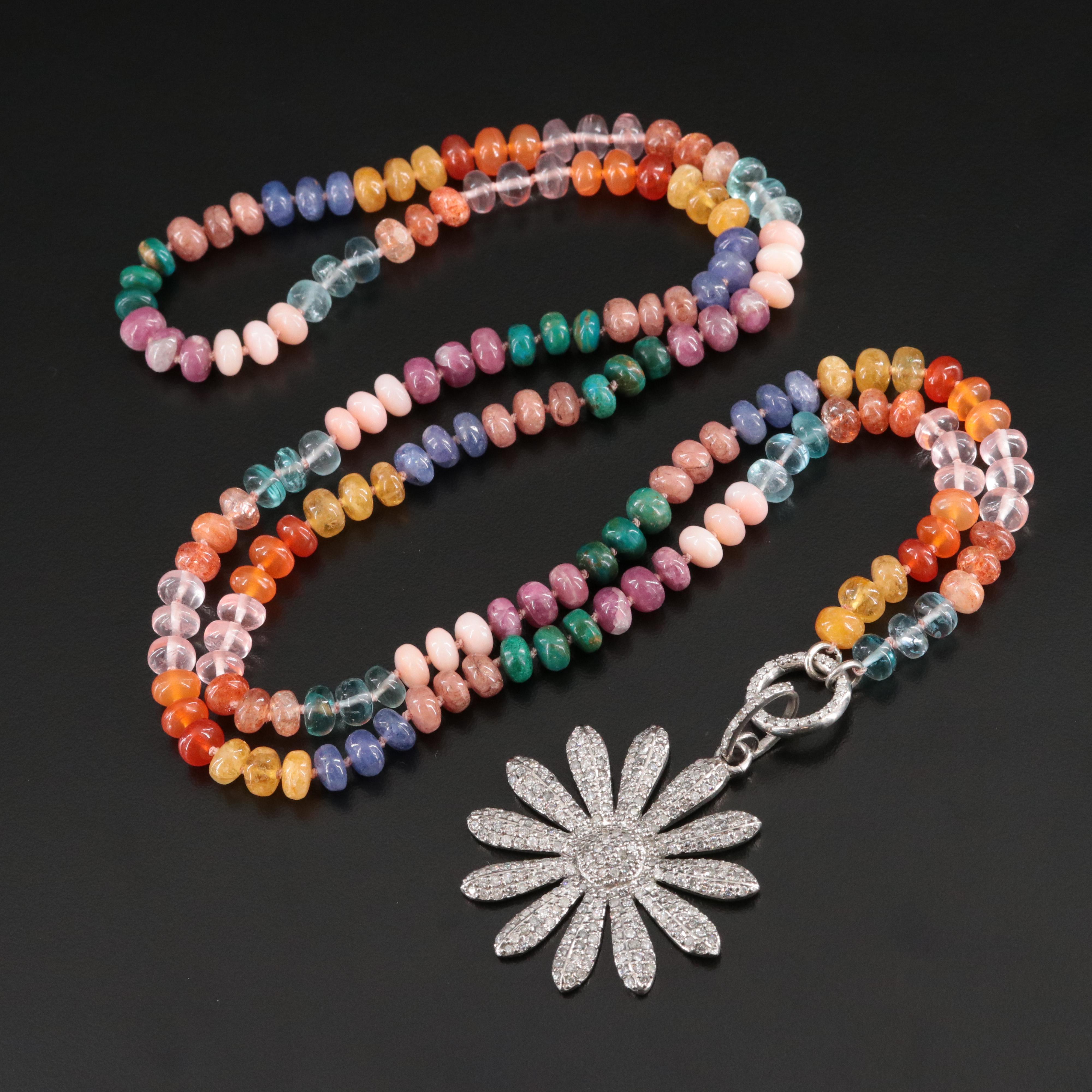 Sheryl Lowe Sterling Pavé Diamond Flower Pendant and Gemstone Necklace