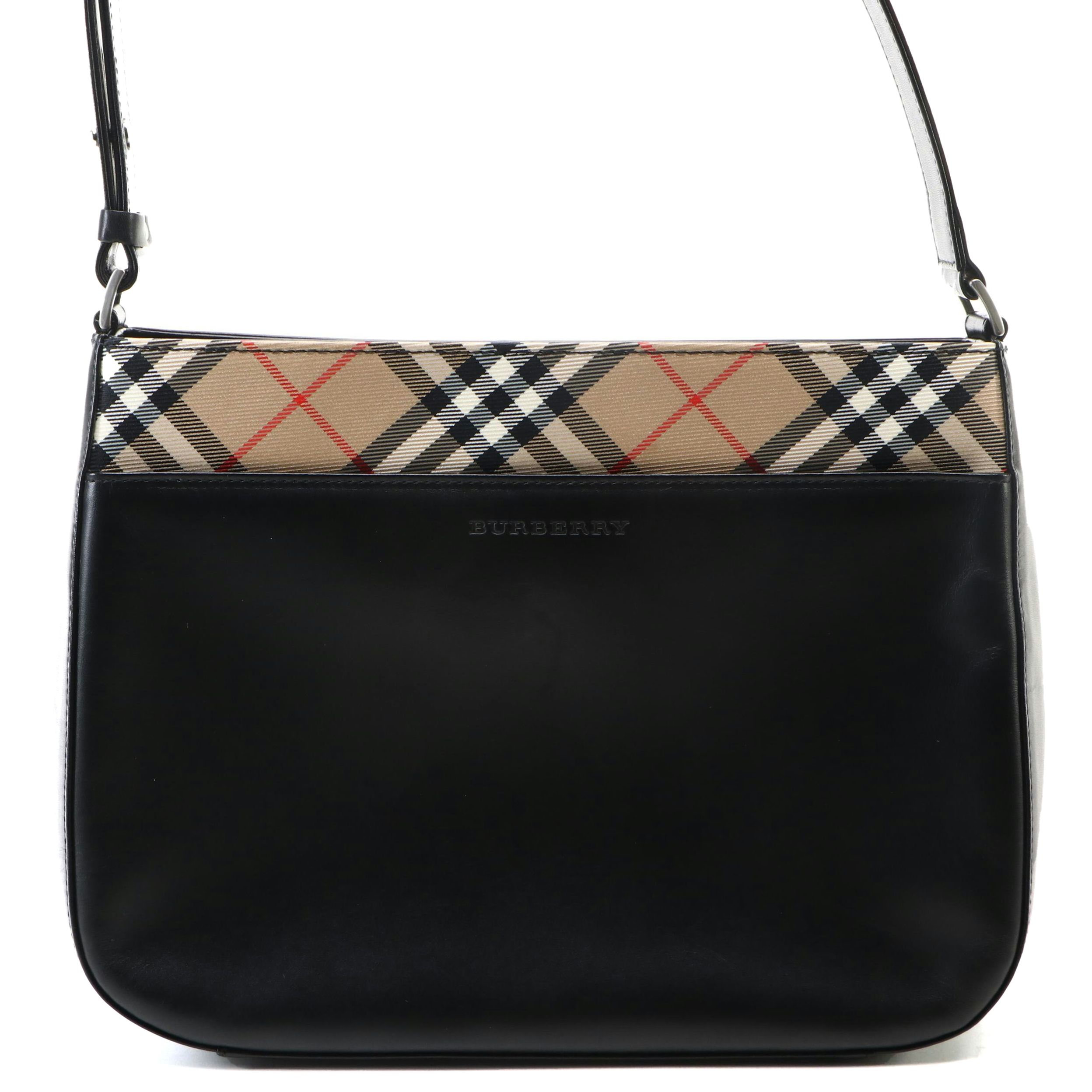 Burberry Shoulder Tote in Black Leather and Haymarket Check Canvas