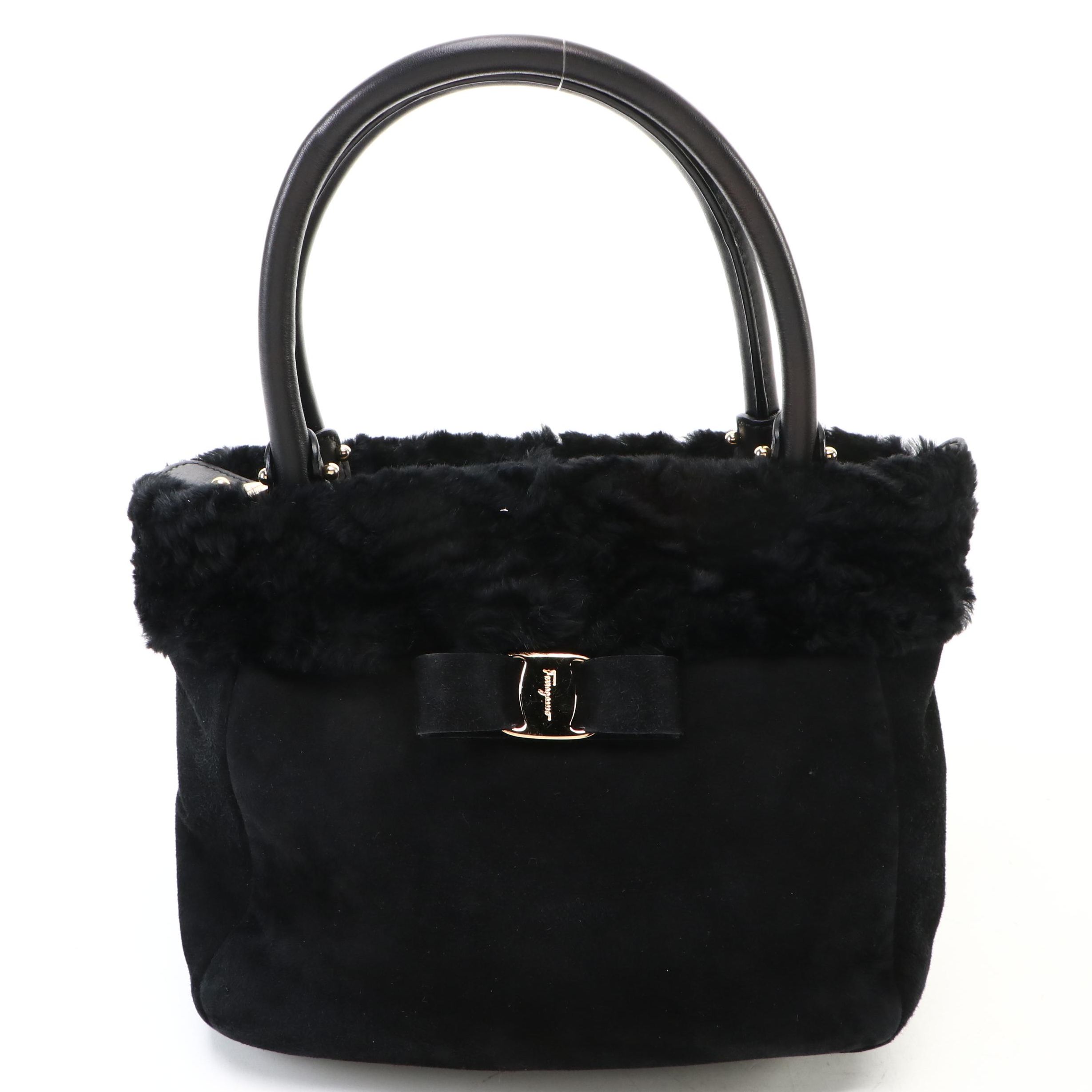 Salvatore Ferragamo Vara Bow Handbag in Black Suede, Rabbit Fur Trim & Leather