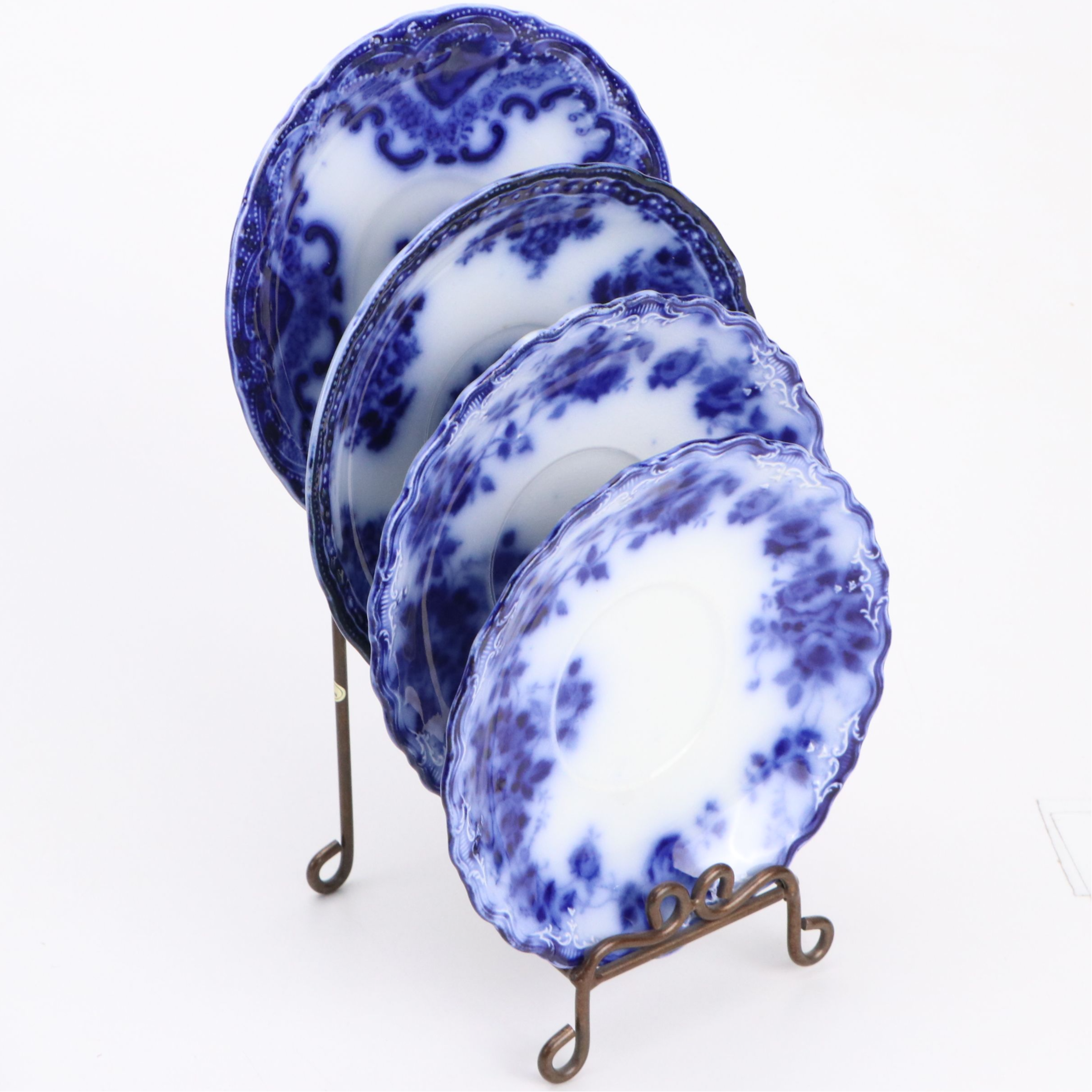 Flow Blue Iron Stone Ceramic Plates, Bowls, Teacups and Saucers with Stands