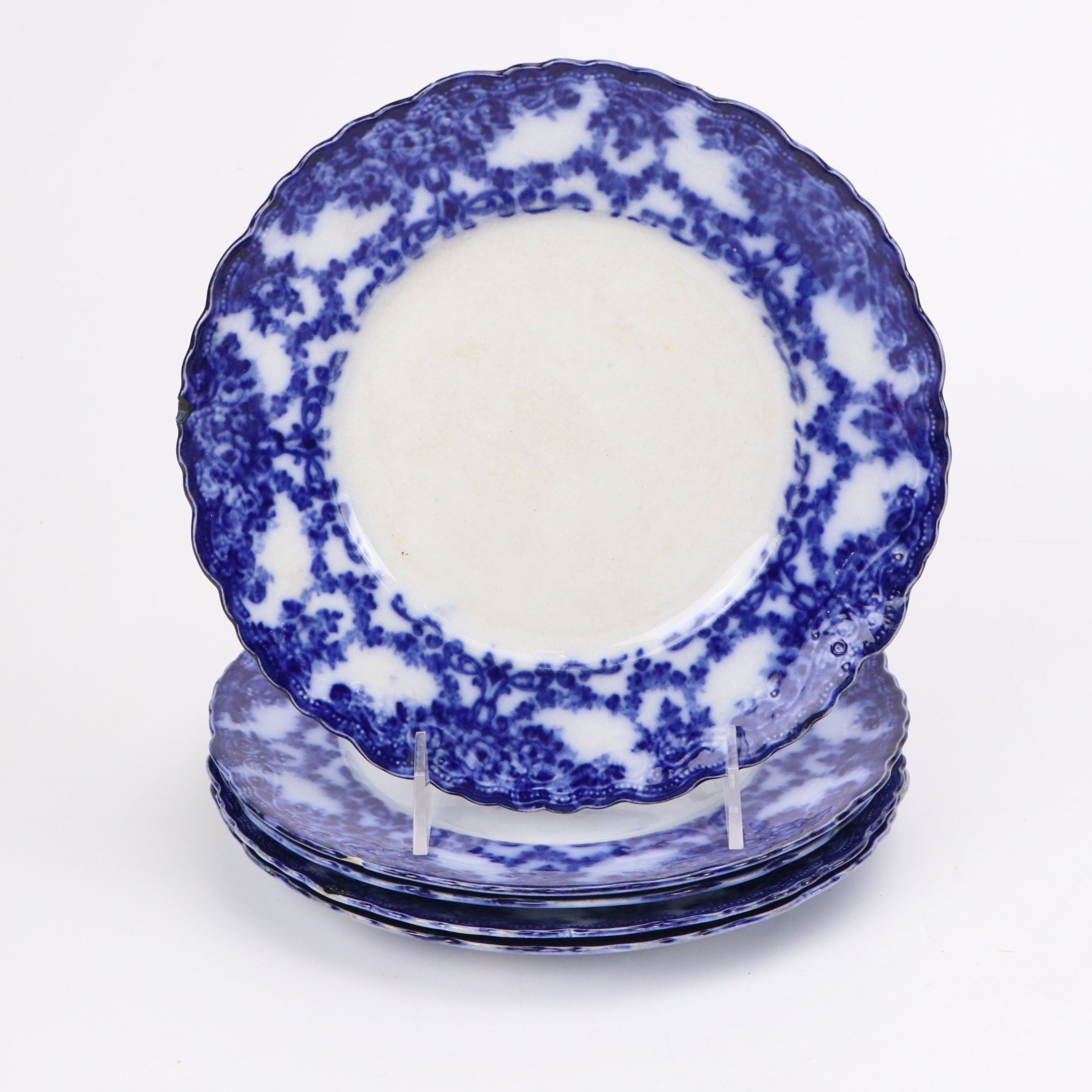 Flow Blue Iron Stone Ceramic Plates, Bowls, Teacups and Saucers with Stands