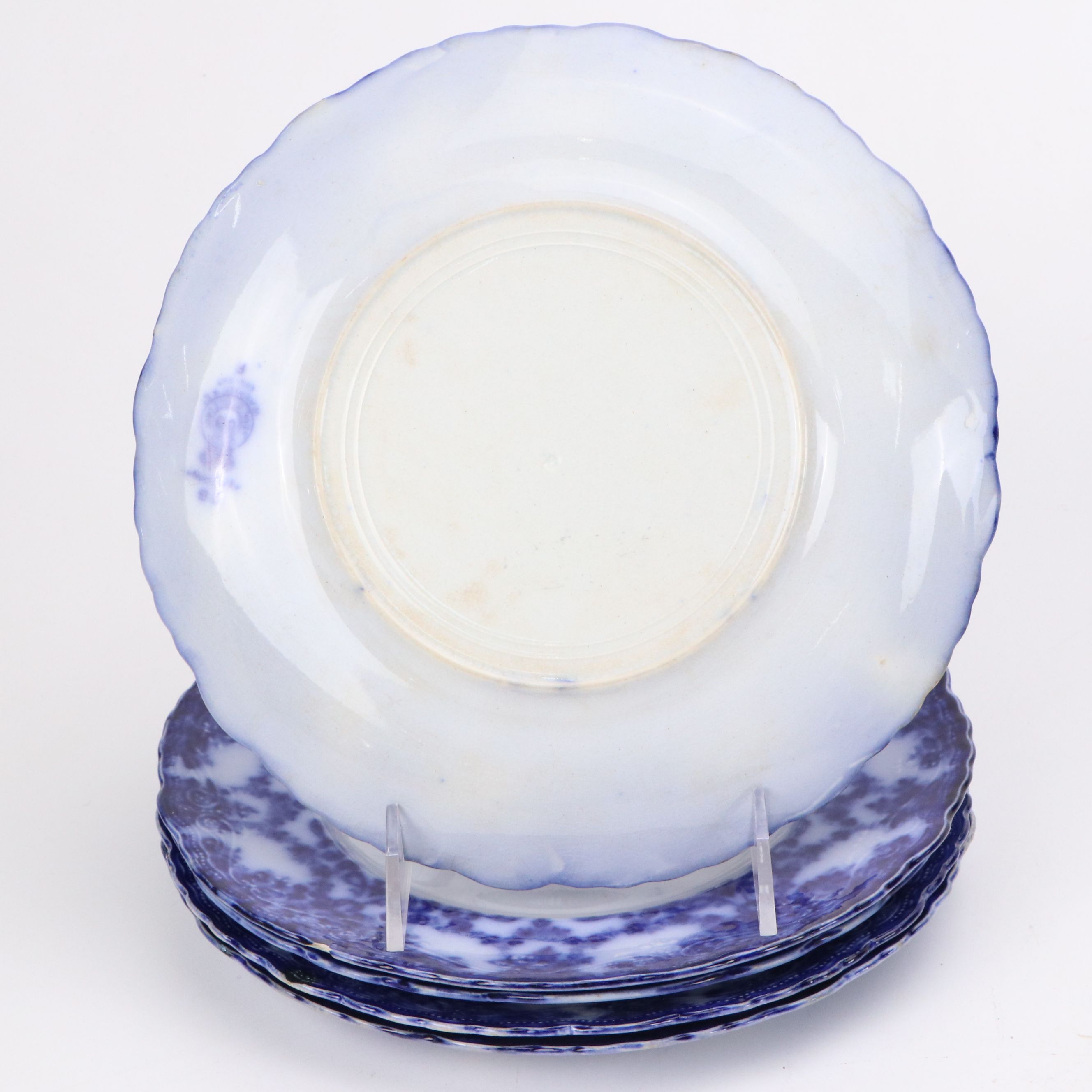 Flow Blue Iron Stone Ceramic Plates, Bowls, Teacups and Saucers with Stands