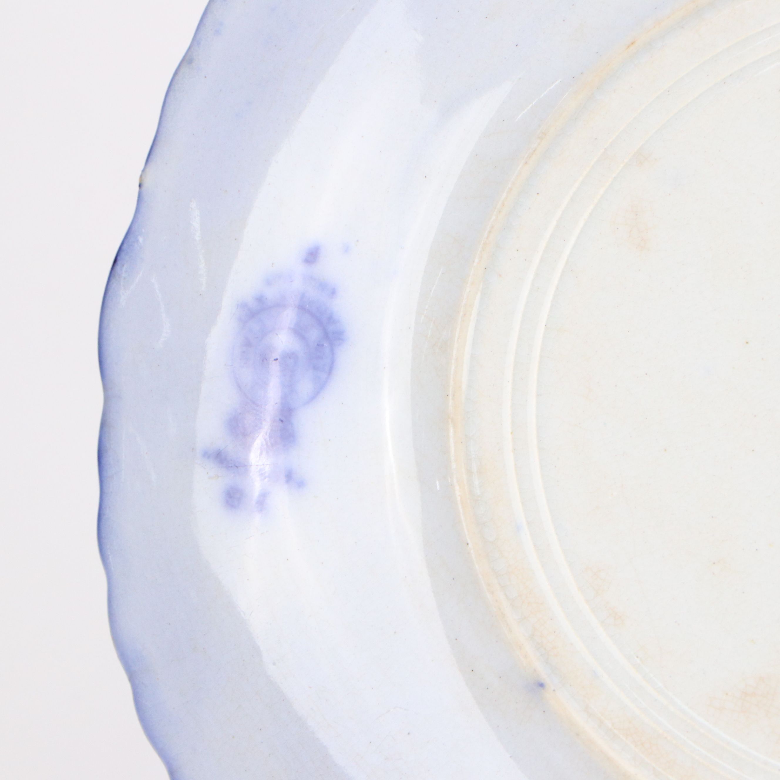 Flow Blue Iron Stone Ceramic Plates, Bowls, Teacups and Saucers with Stands