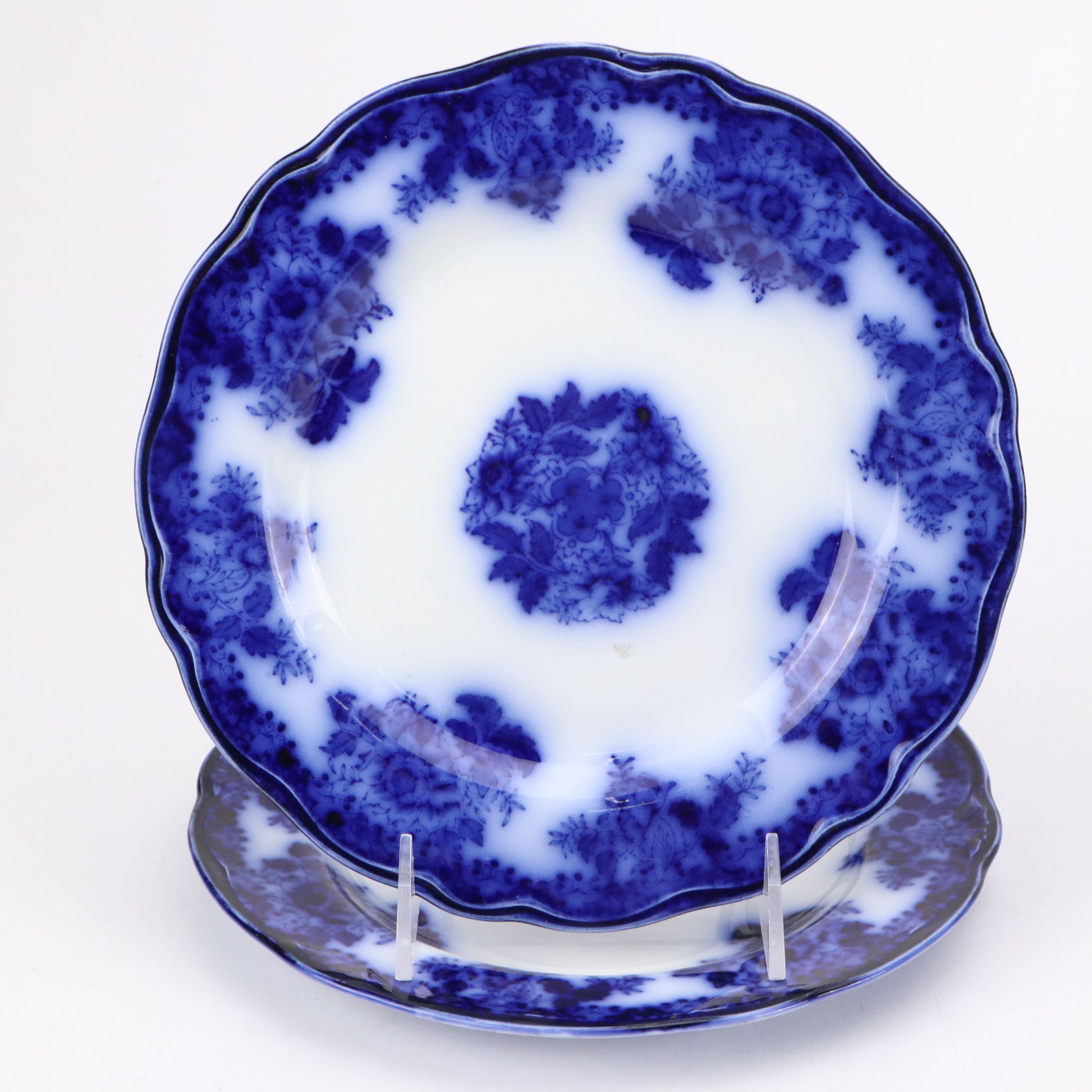 Flow Blue Iron Stone Ceramic Plates, Bowls, Teacups and Saucers with Stands