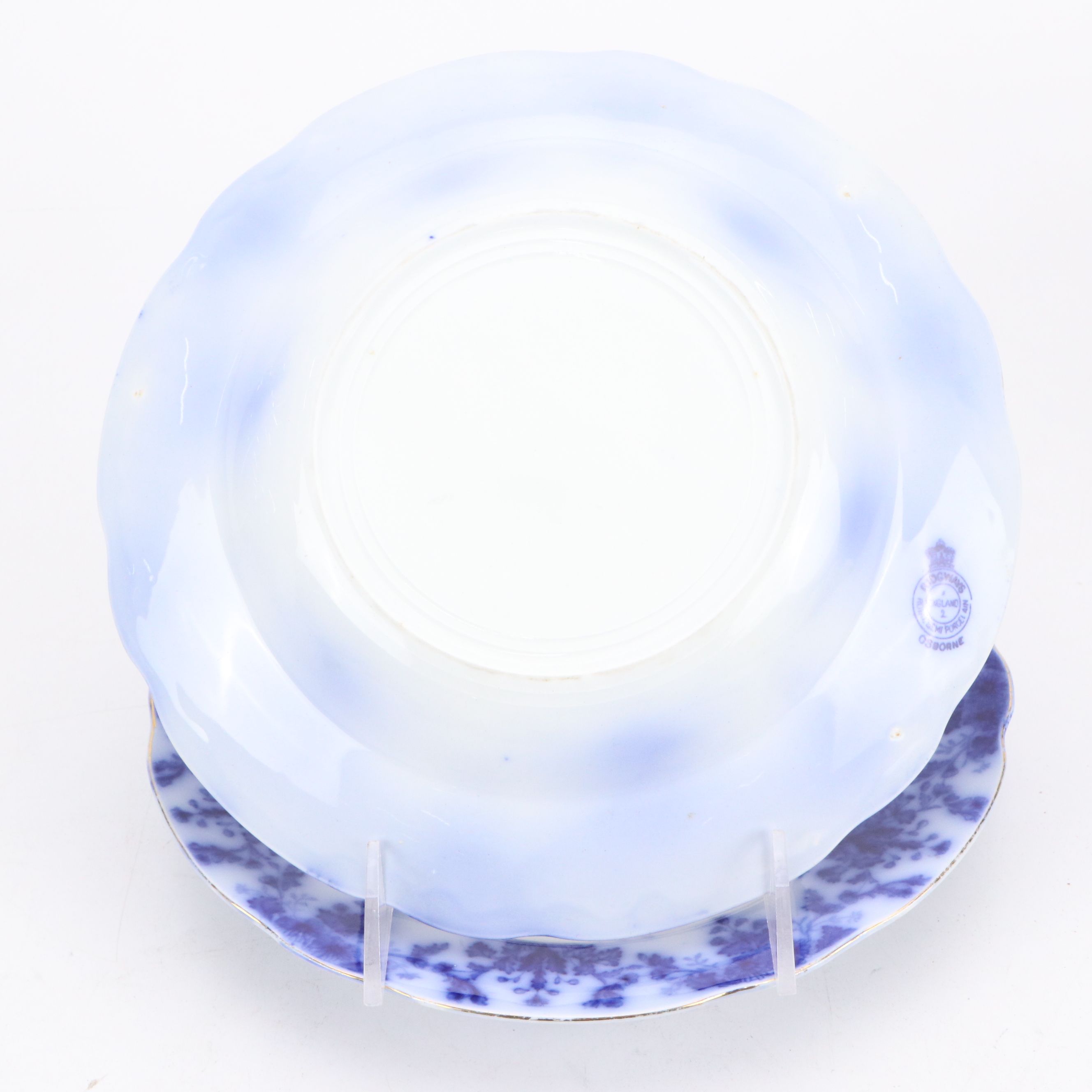 Flow Blue Iron Stone Ceramic Plates, Bowls, Teacups and Saucers with Stands