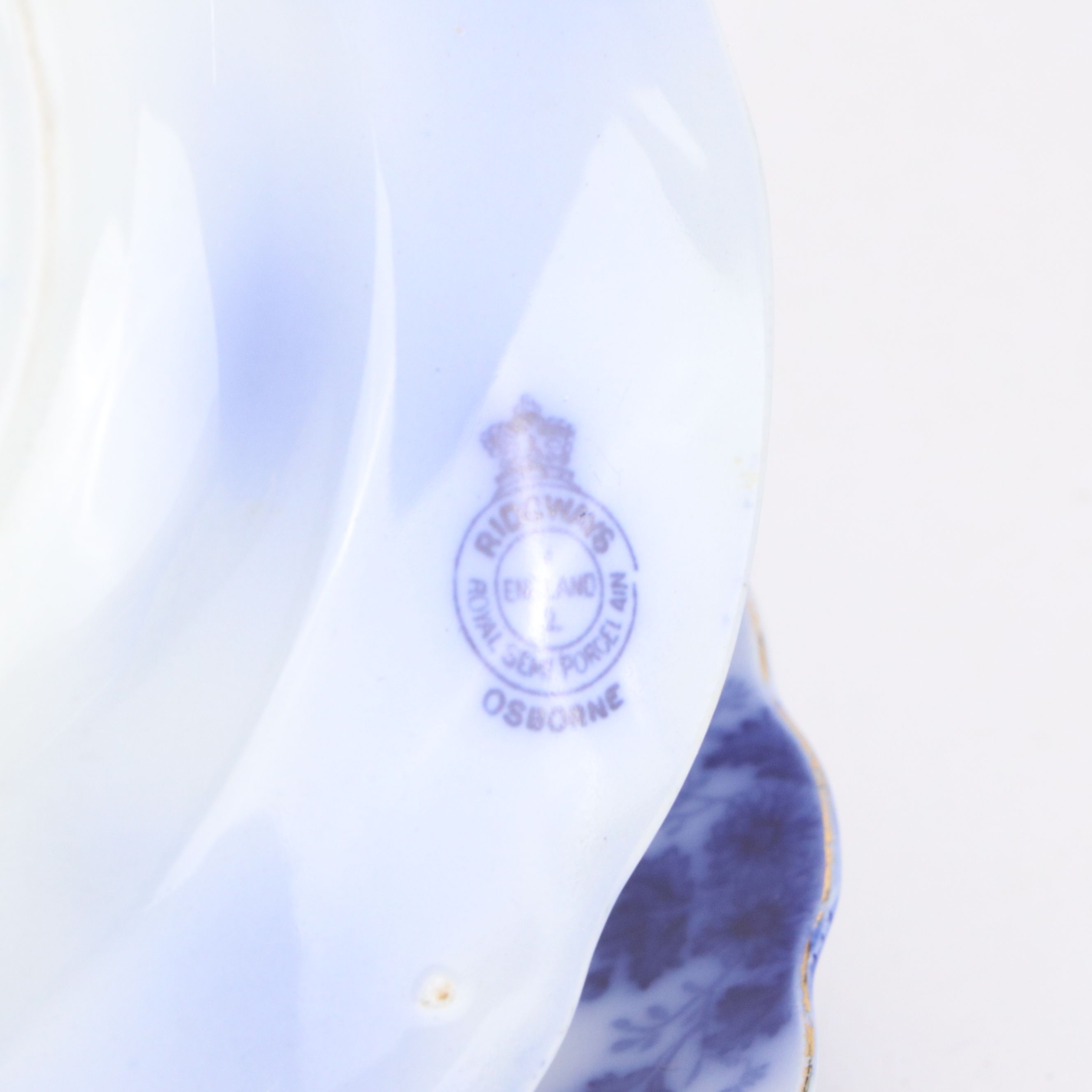 Flow Blue Iron Stone Ceramic Plates, Bowls, Teacups and Saucers with Stands