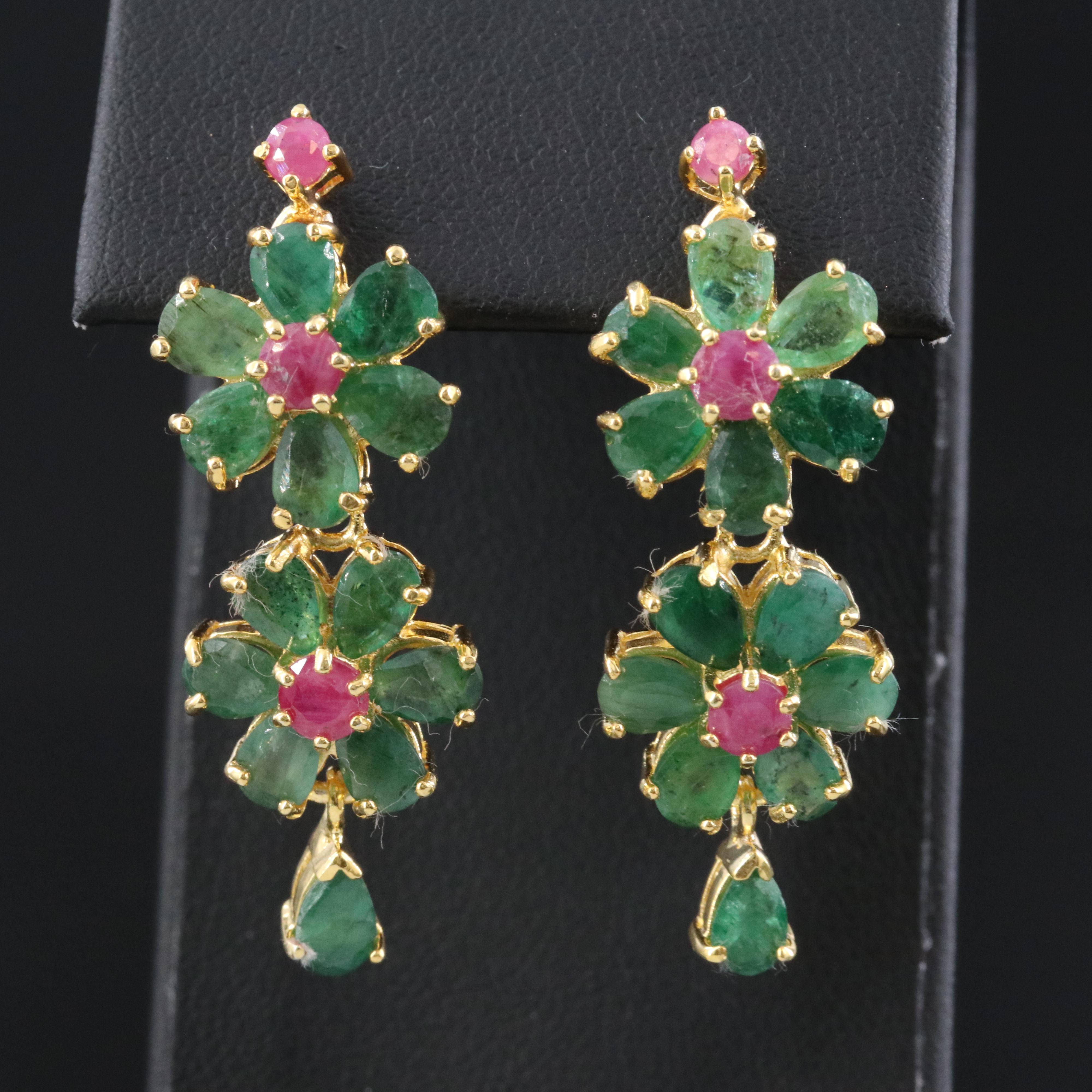 Sterling Emerald and Ruby Floral Earrings