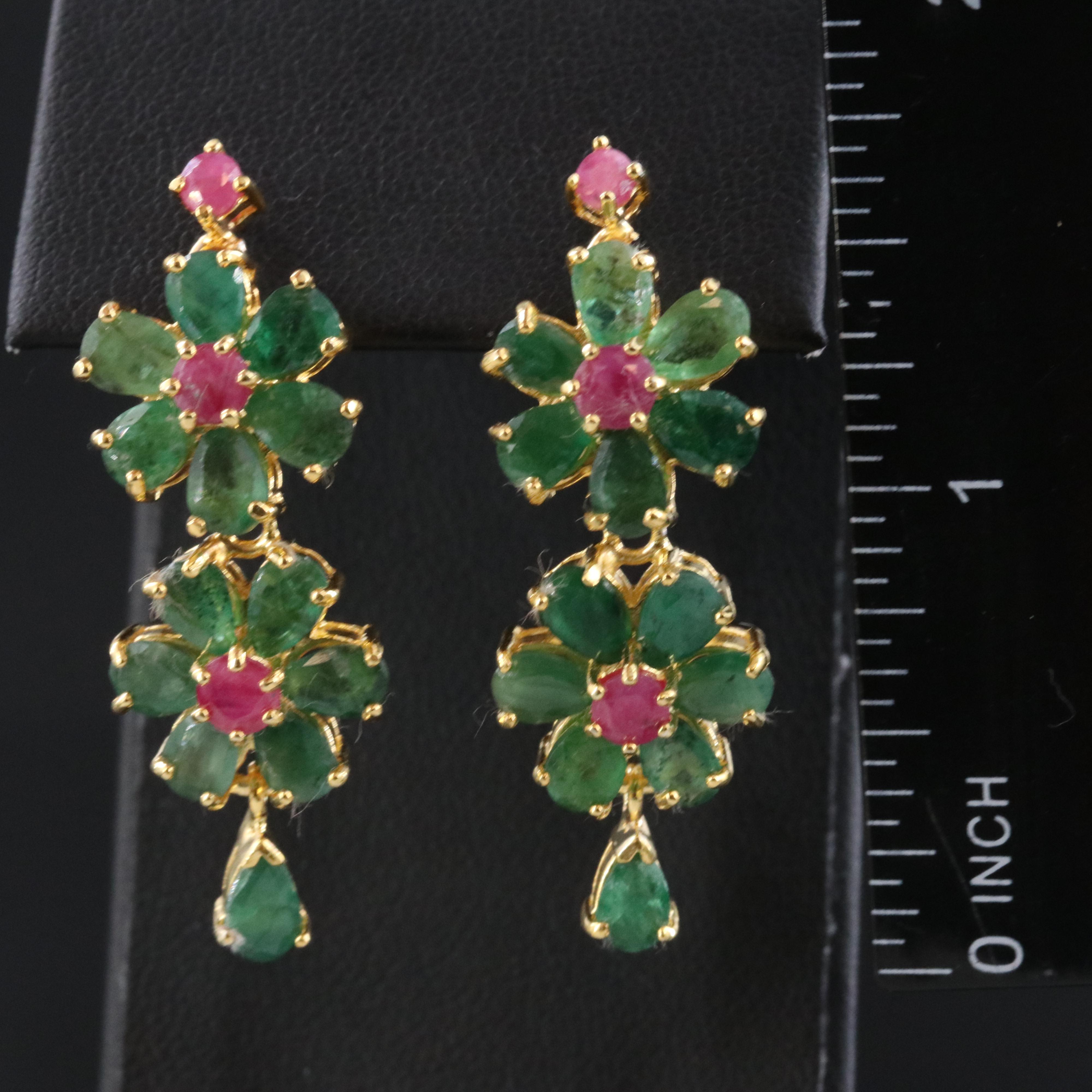 Sterling Emerald and Ruby Floral Earrings