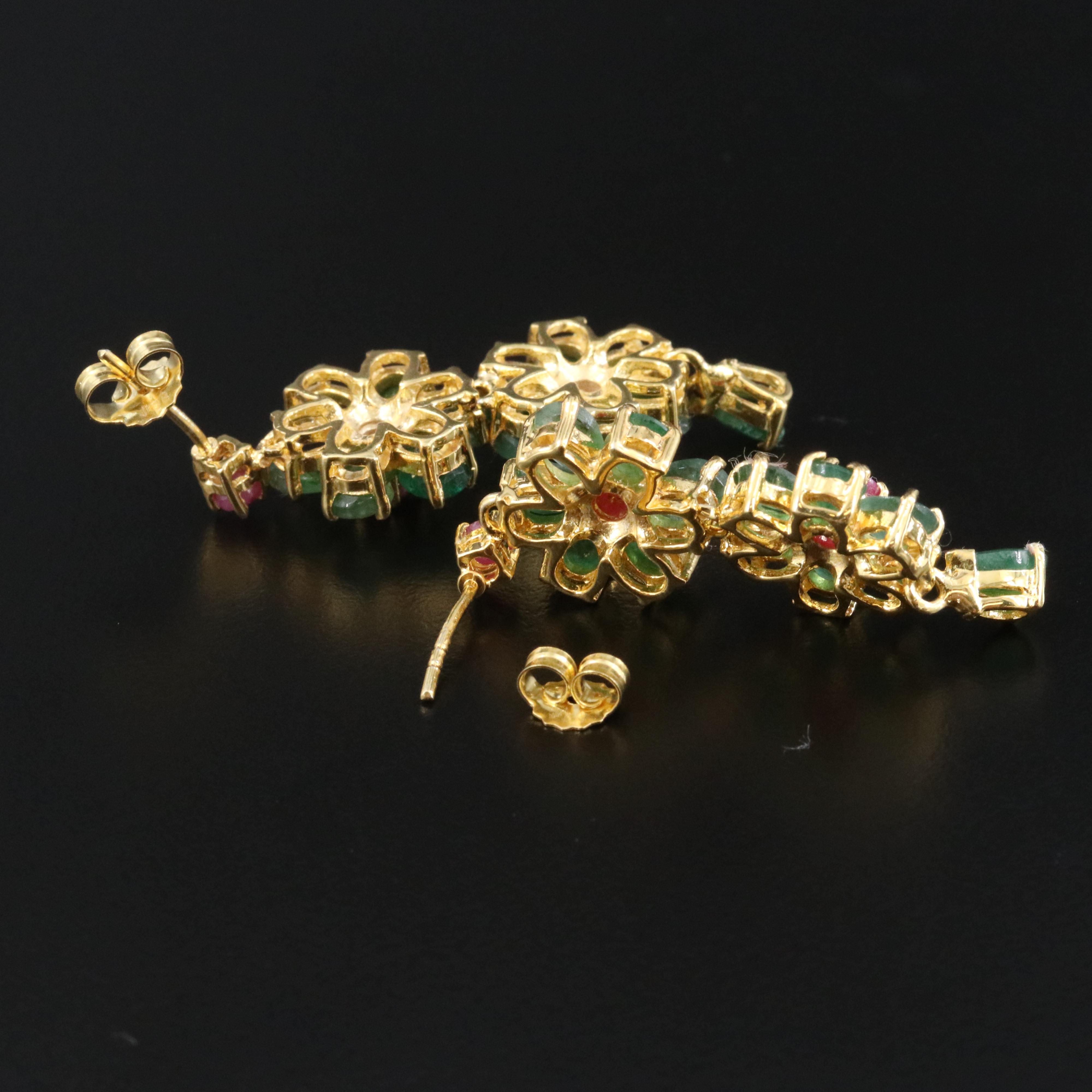 Sterling Emerald and Ruby Floral Earrings