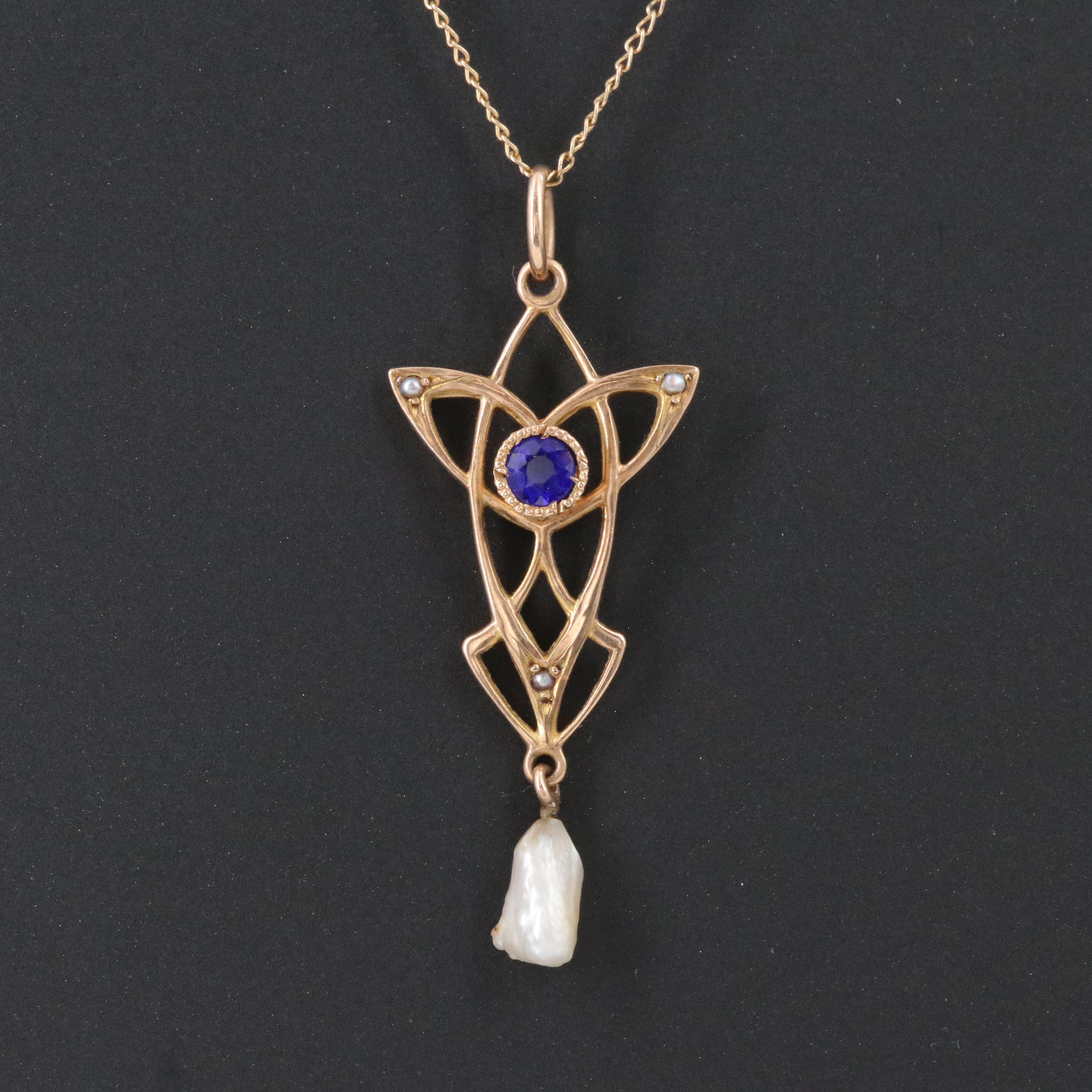 10K Garnet Glass Doublet and Seed Pearl Lavalier Pendant on 14K Chain