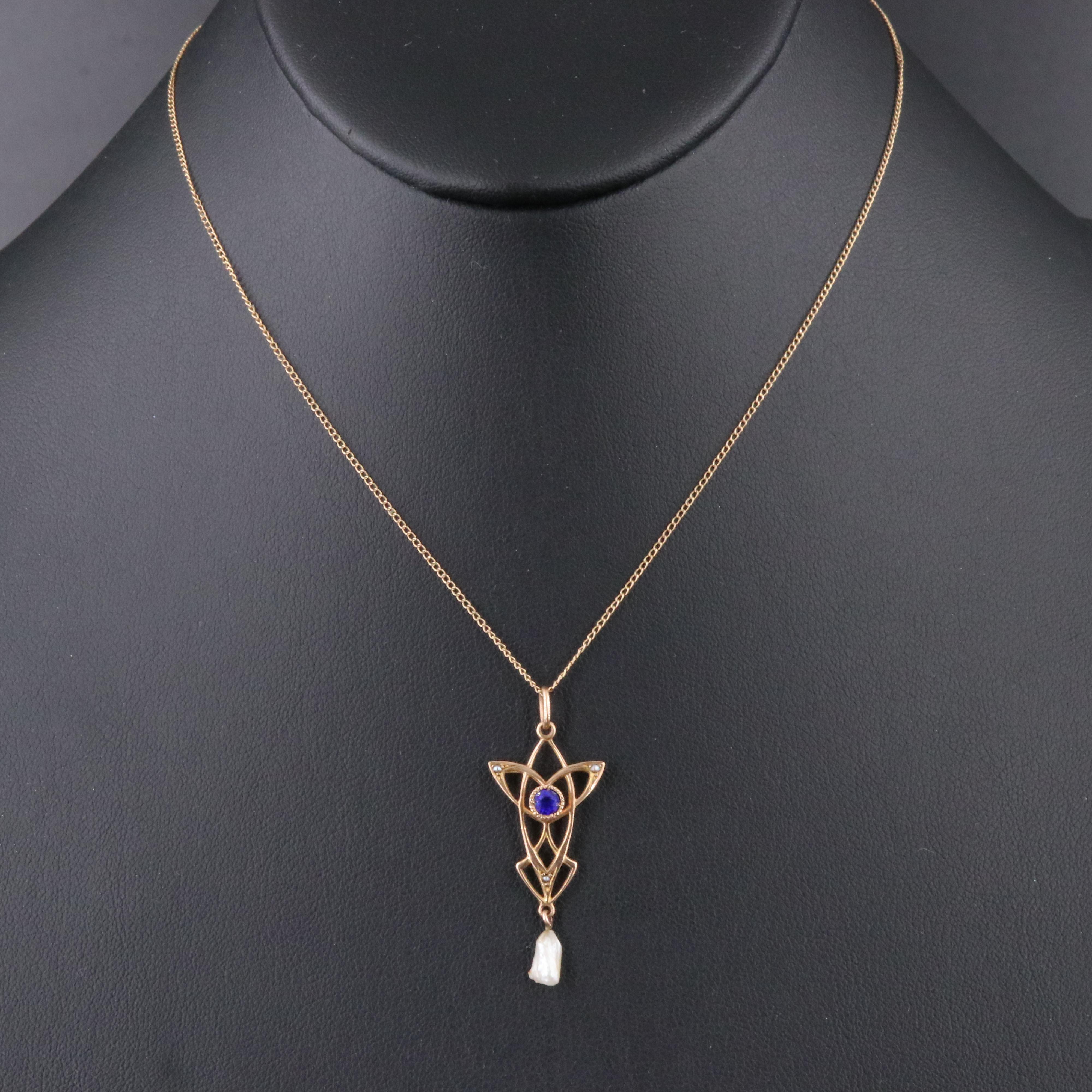 10K Garnet Glass Doublet and Seed Pearl Lavalier Pendant on 14K Chain