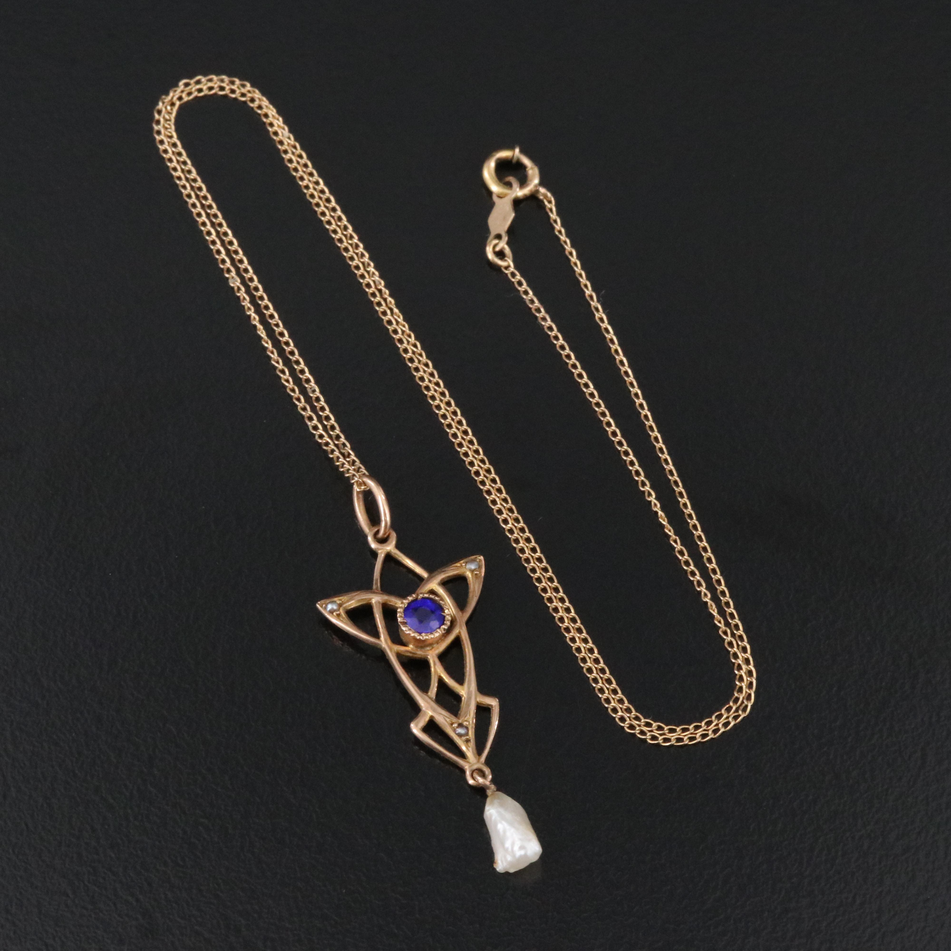 10K Garnet Glass Doublet and Seed Pearl Lavalier Pendant on 14K Chain