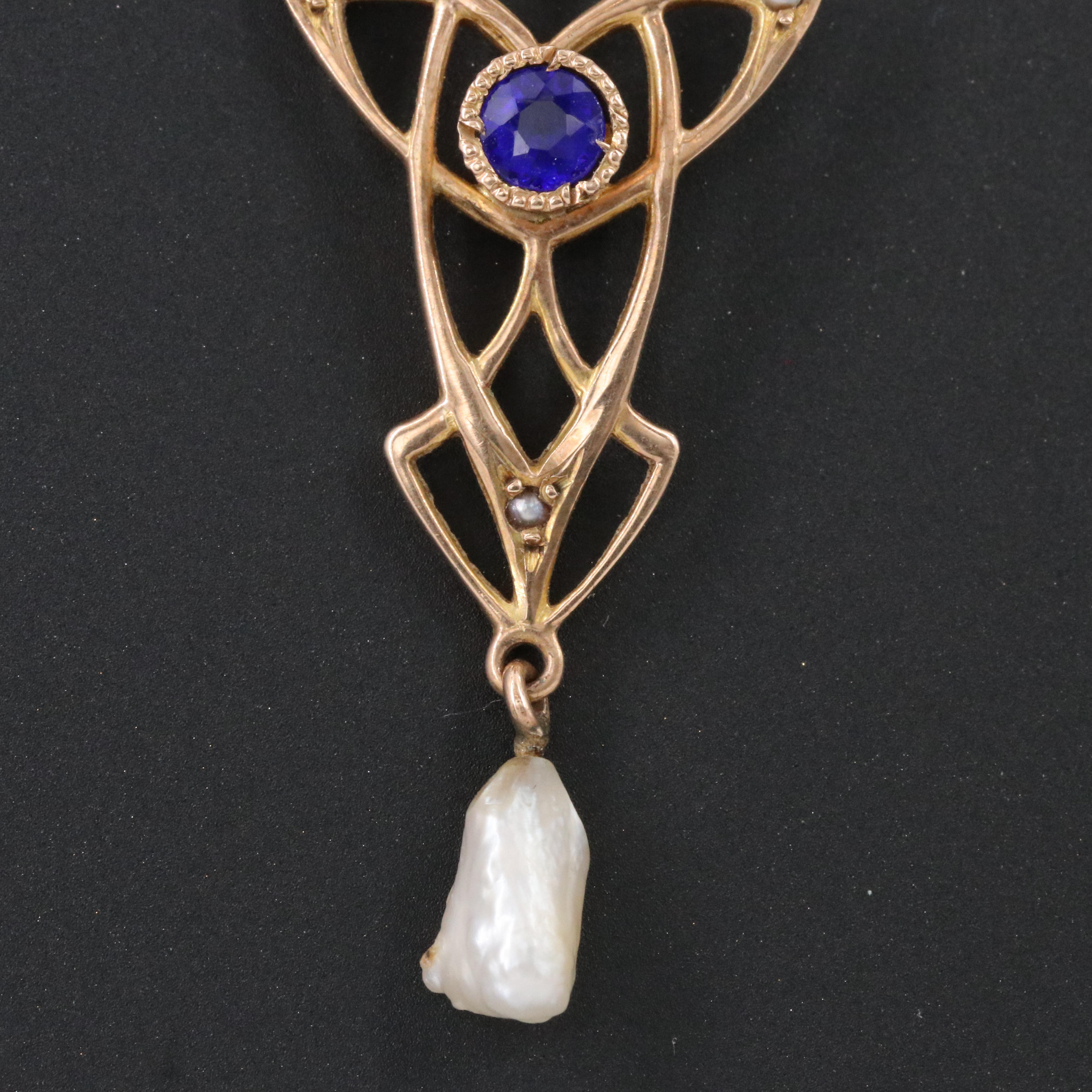 10K Garnet Glass Doublet and Seed Pearl Lavalier Pendant on 14K Chain