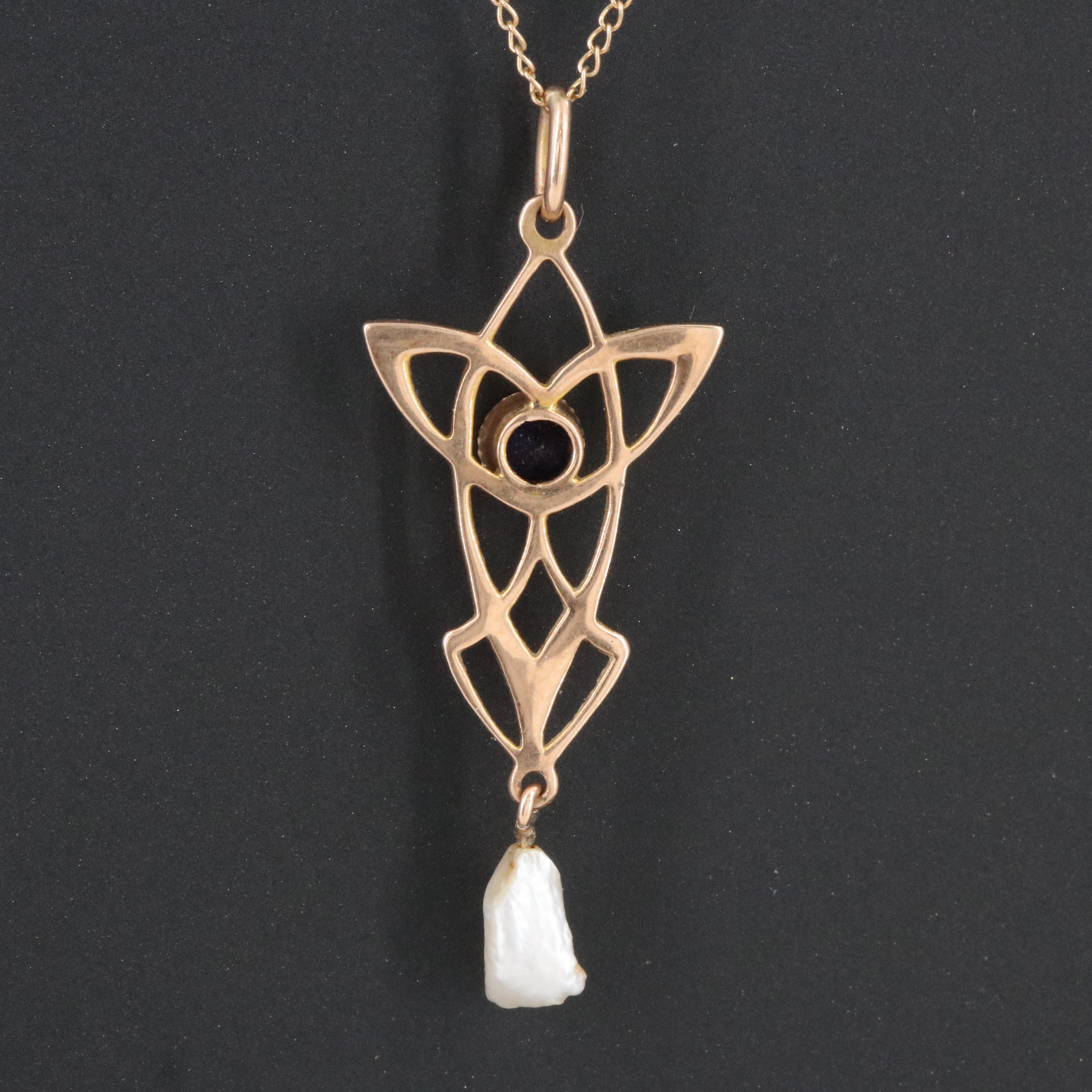 10K Garnet Glass Doublet and Seed Pearl Lavalier Pendant on 14K Chain