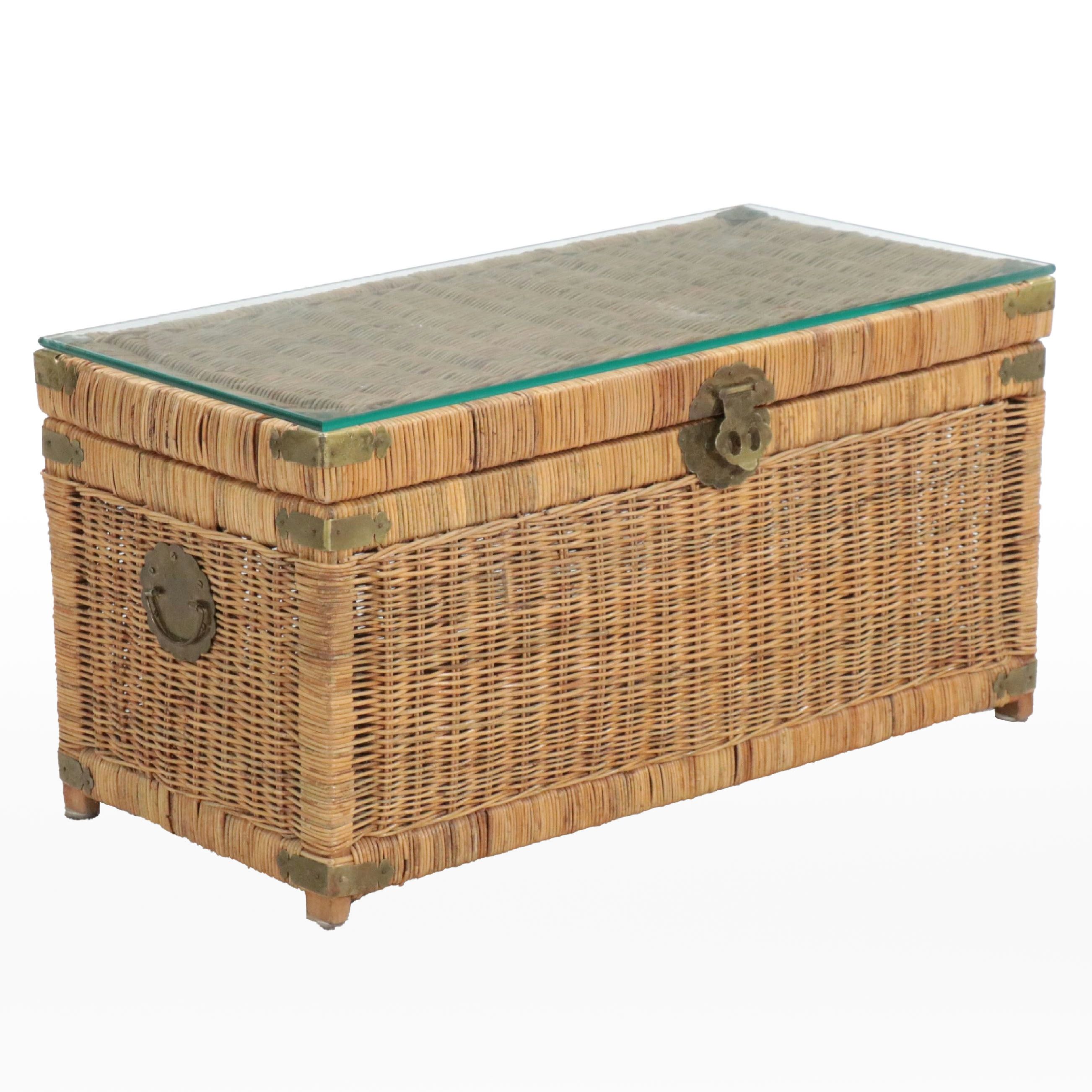 Chinese Brass Mounted Wicker Rattan Chest Coffee Table